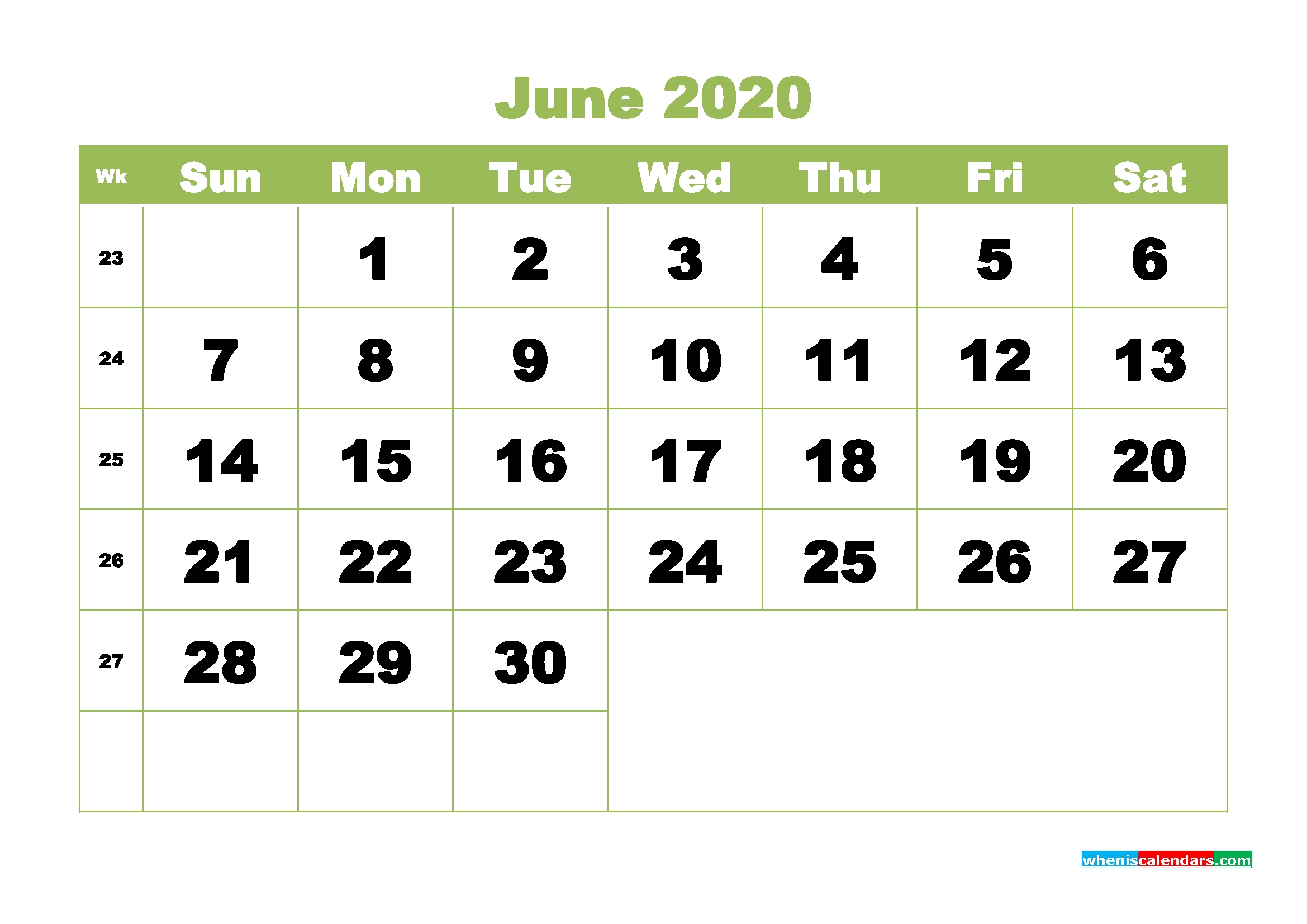 printable 2020 monthly calendar with week numbers june