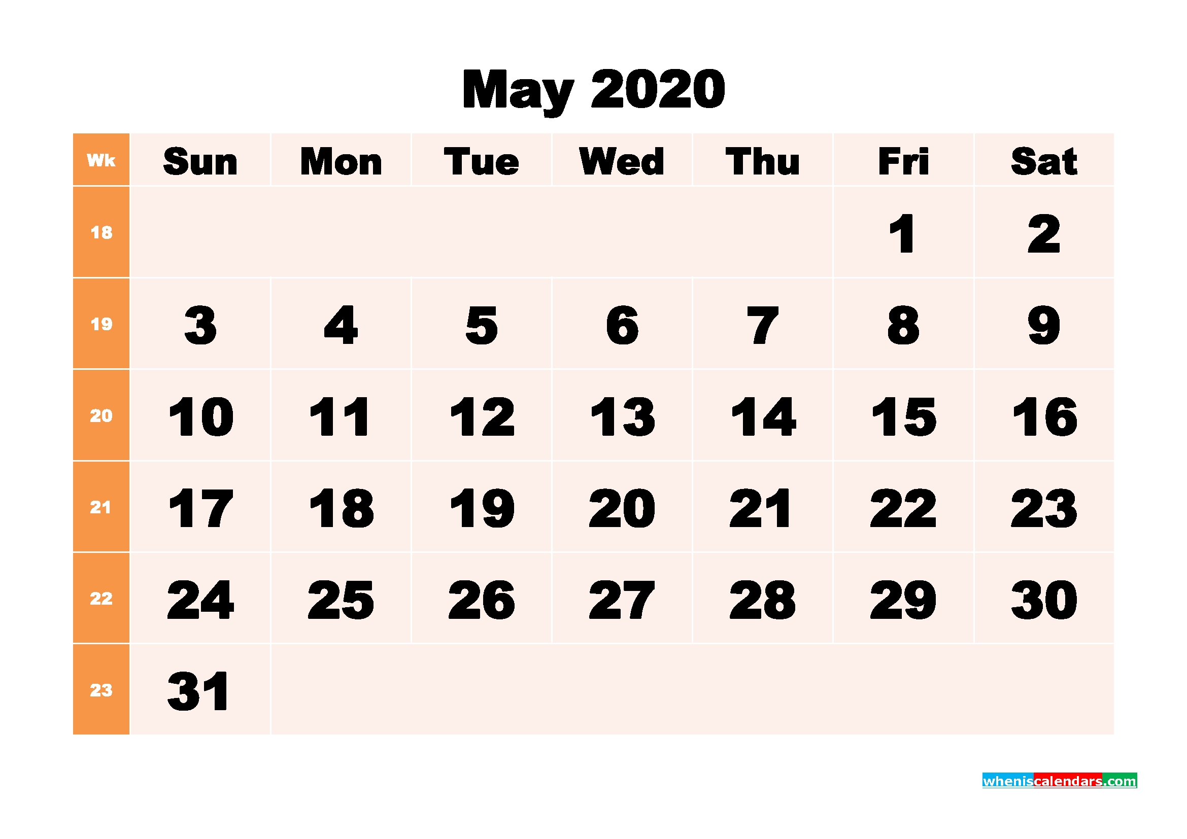 Printable 2020 Monthly Calendar With Week Numbers May | Free