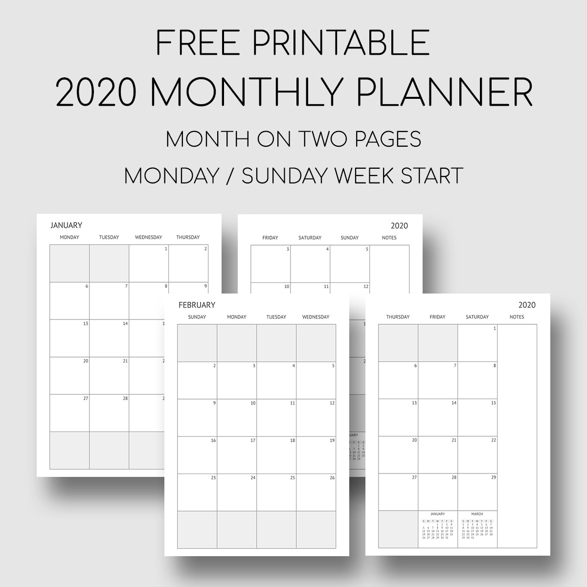 printable 2020 monthly planner month on two pages