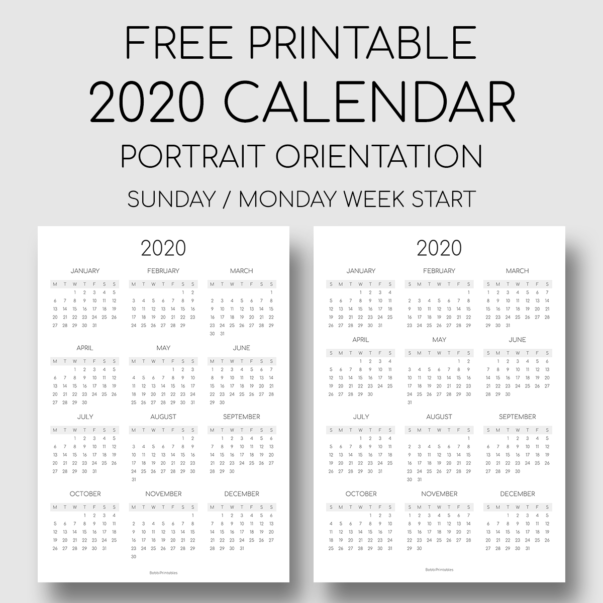 Printable 2020 Year At A Glance Calendar Portrait Orientation
