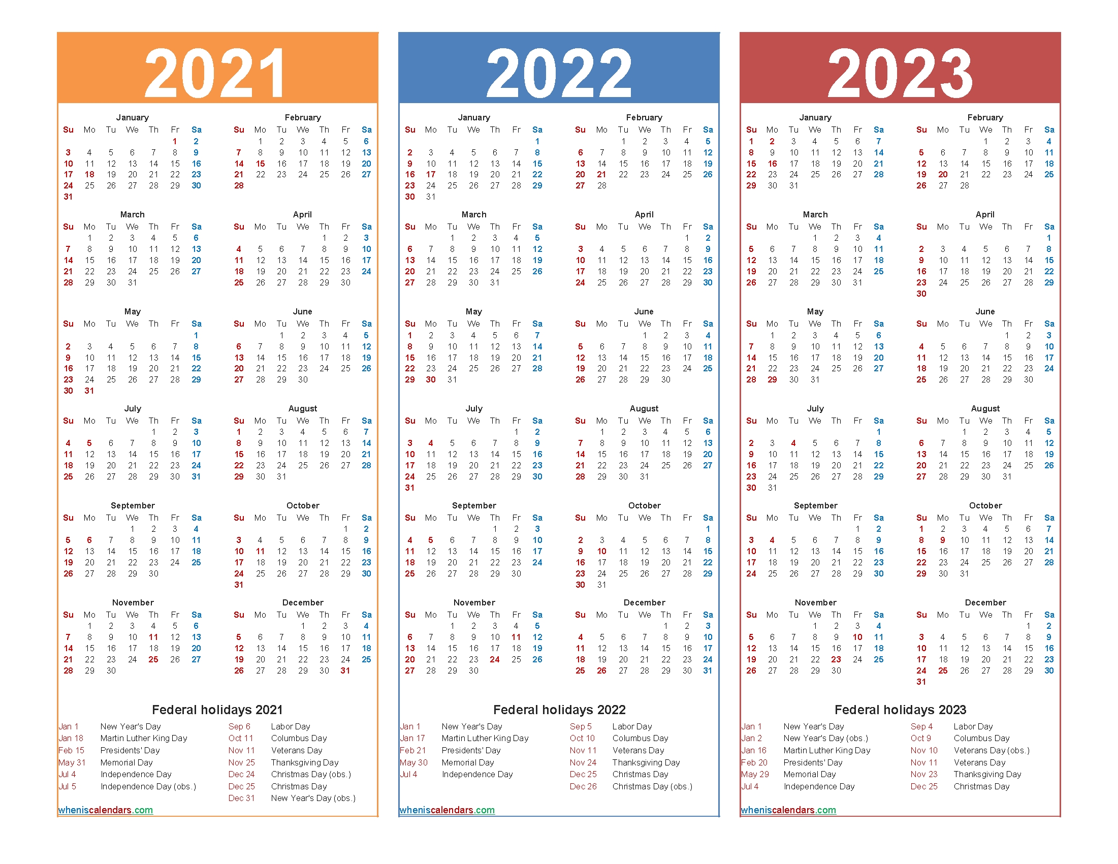 printable 2021 2022 and 2023 calendar with holidays – free