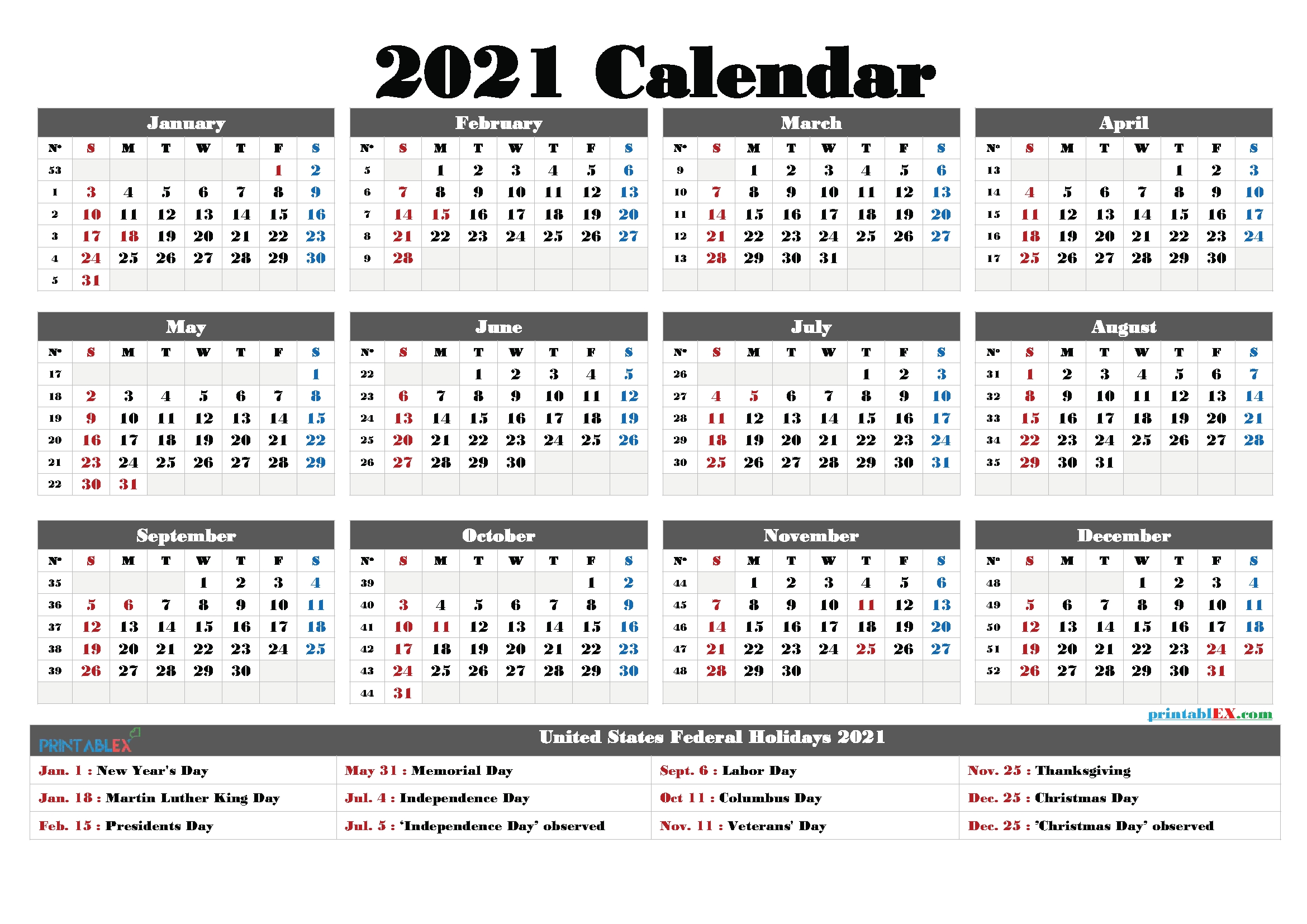 Federal Holidays 2021 Calendar - Example Calendar Printable