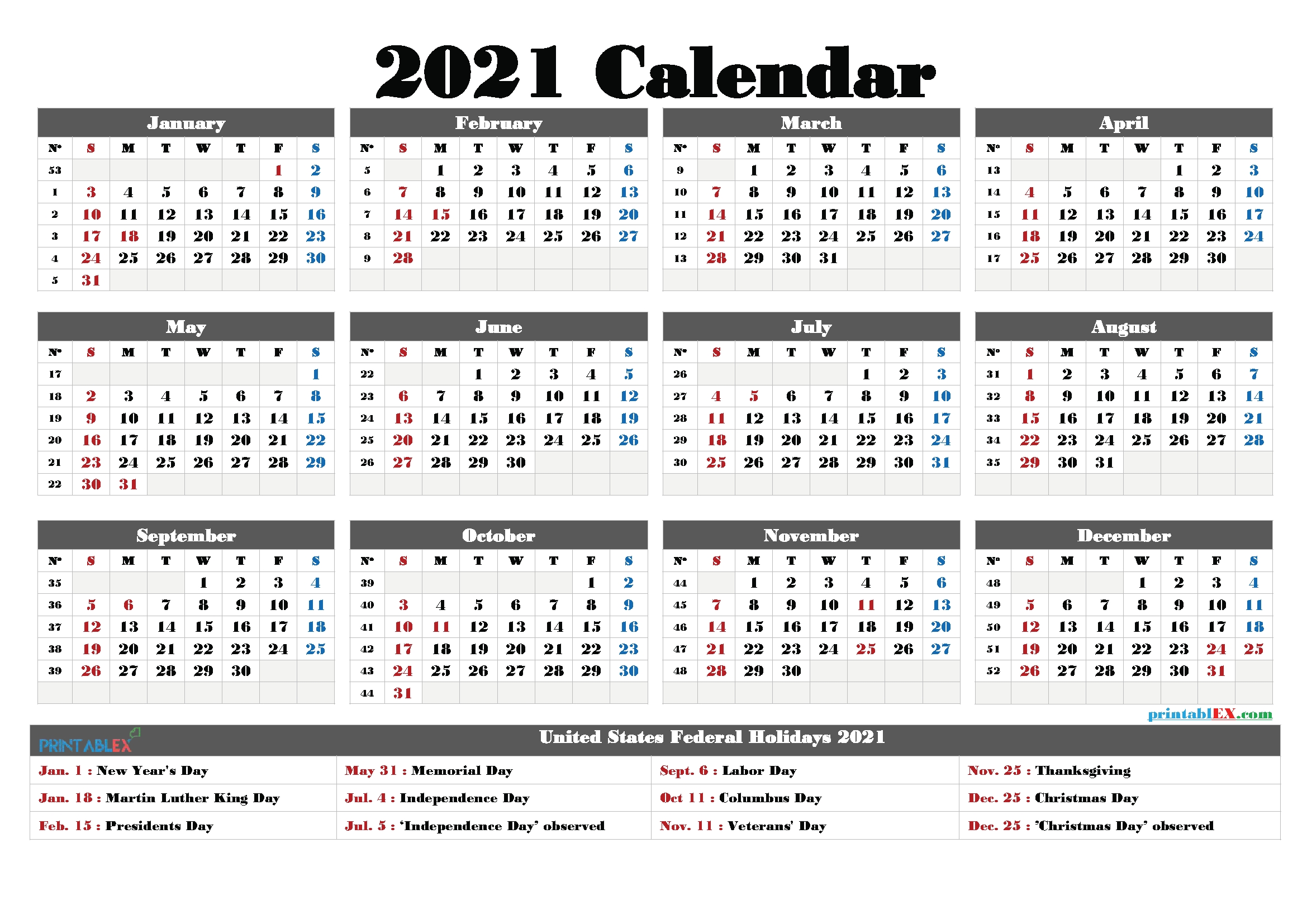 Printable 2021 Calendar With Holidays – Free Printable 2020