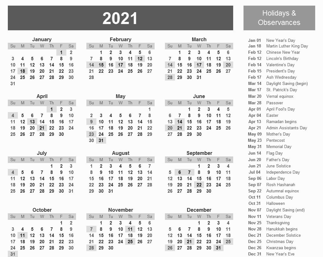 Printable 2021 Calendar With Holidays In 2020 | Holiday