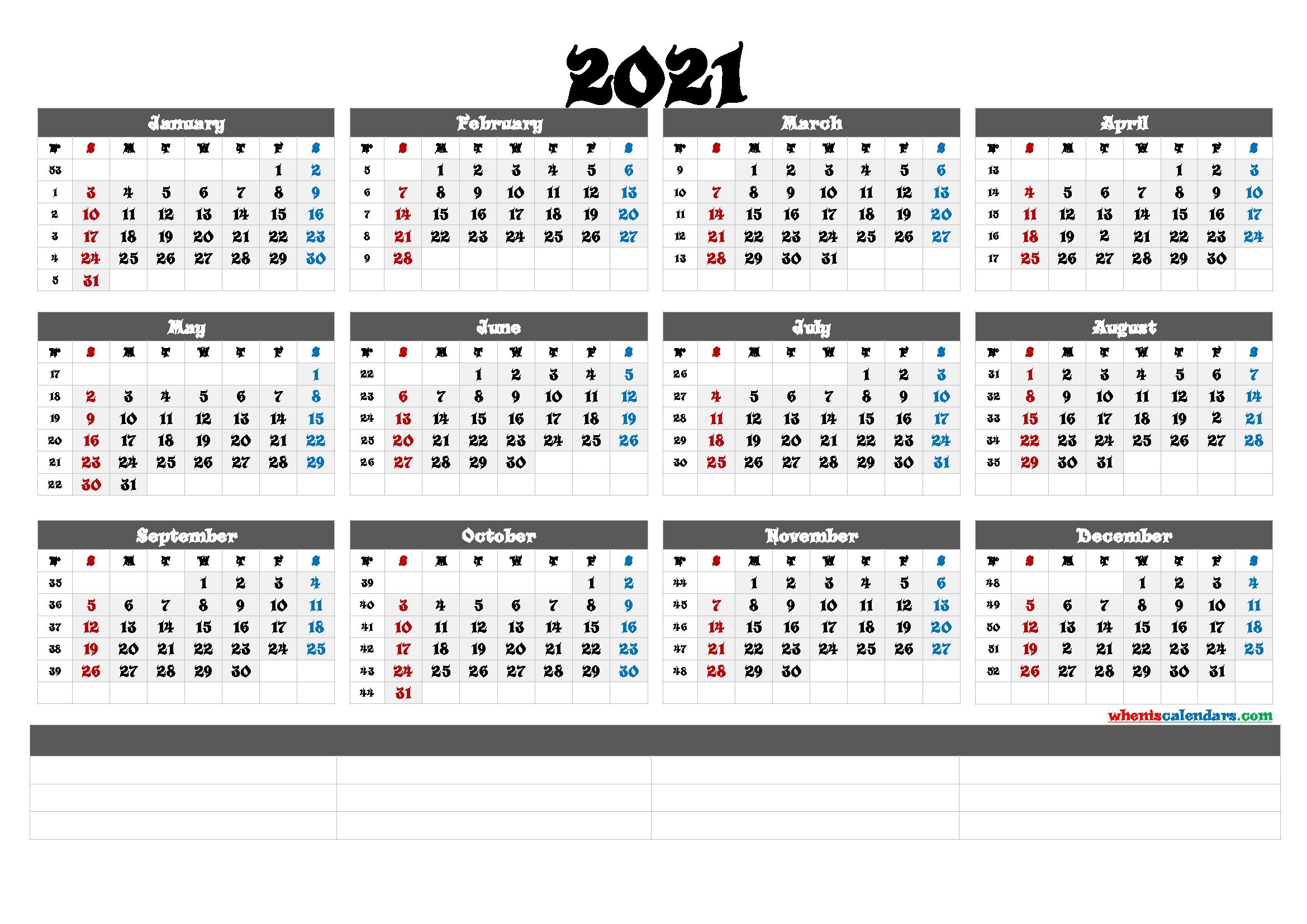 printable 2021 yearly calendar with week numbers