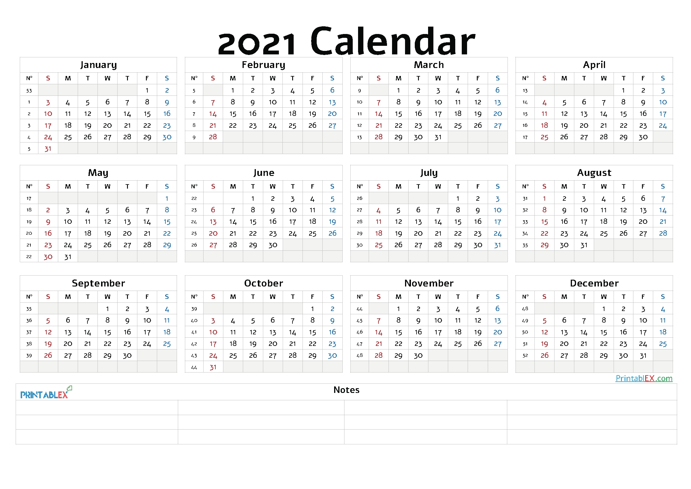 Printable 2021 Yearly Calendar With Week Numbers – 12