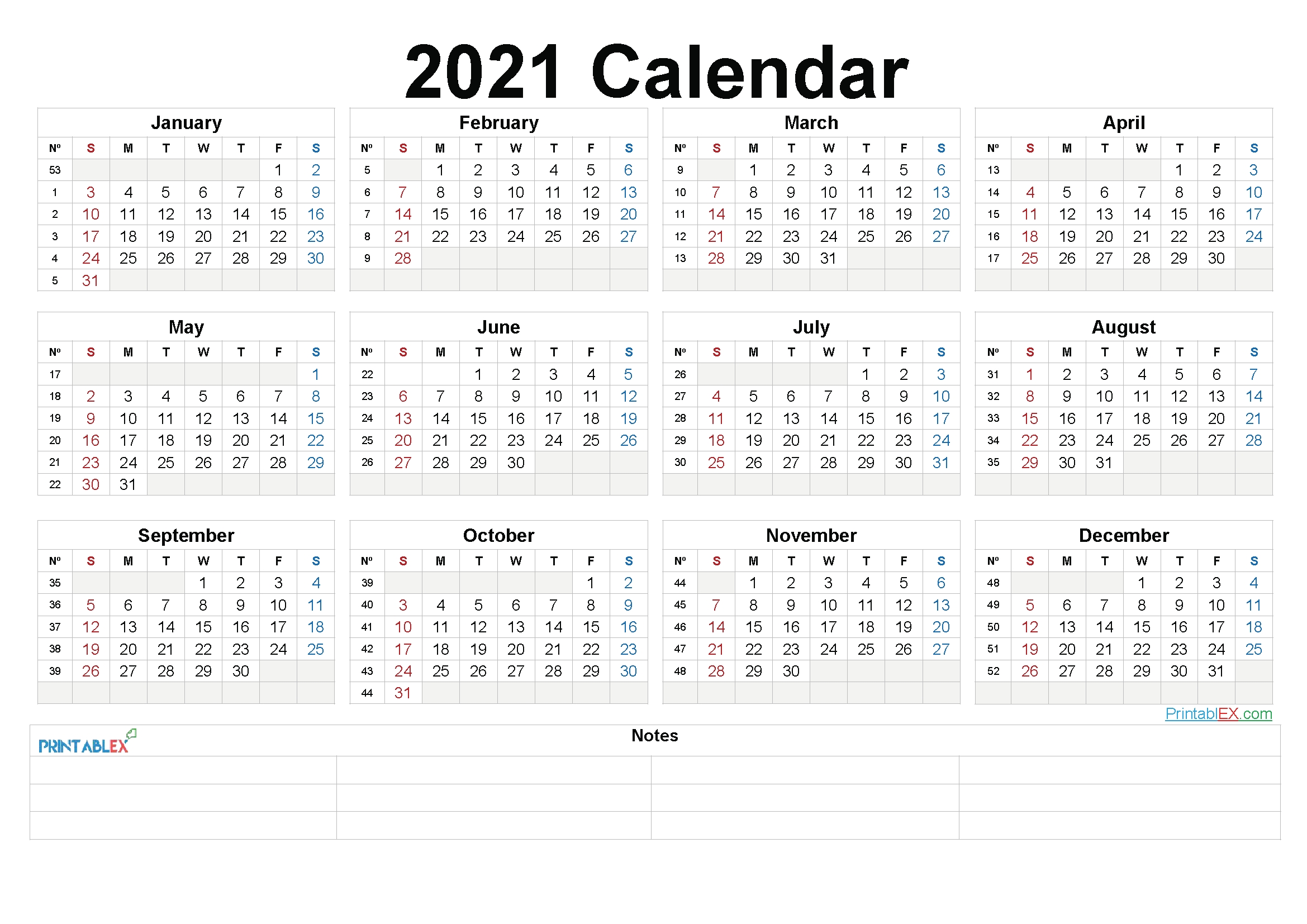 Printable 2021 Yearly Calendar With Week Numbers – 21ytw203