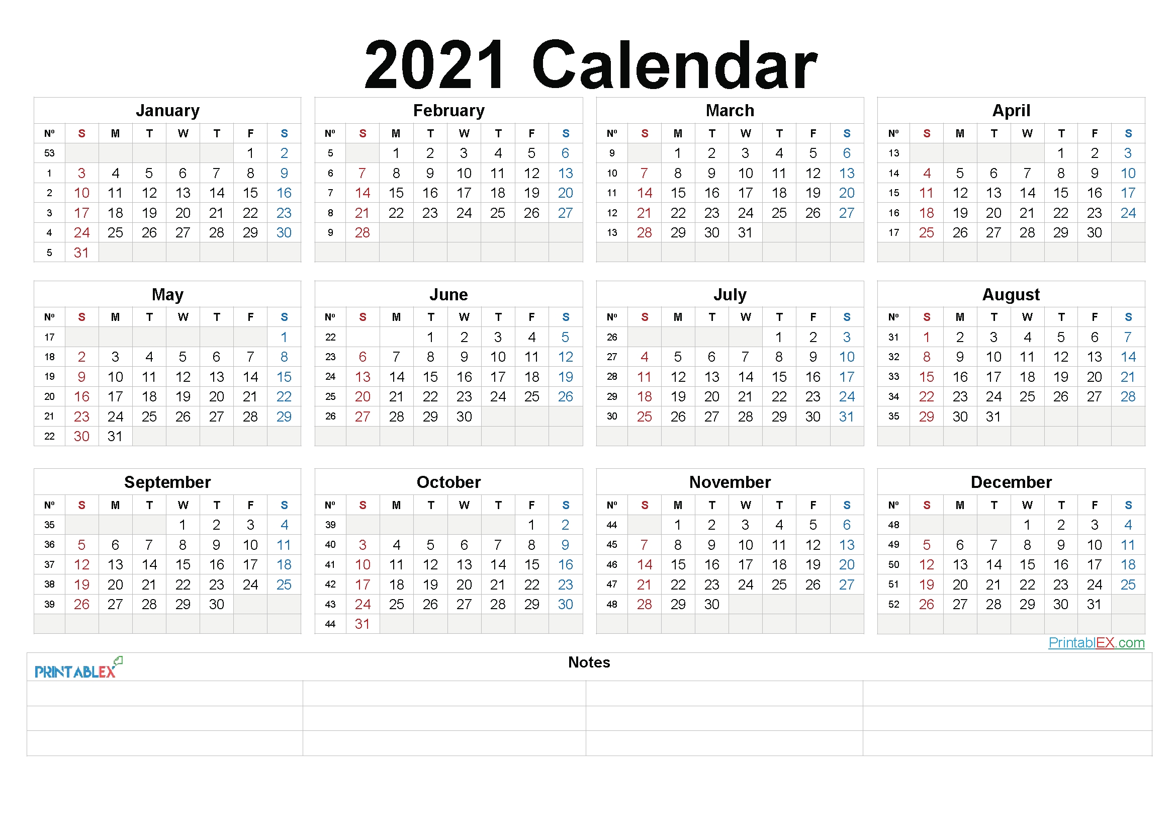 printable 2021 yearly calendar with week numbers – 6
