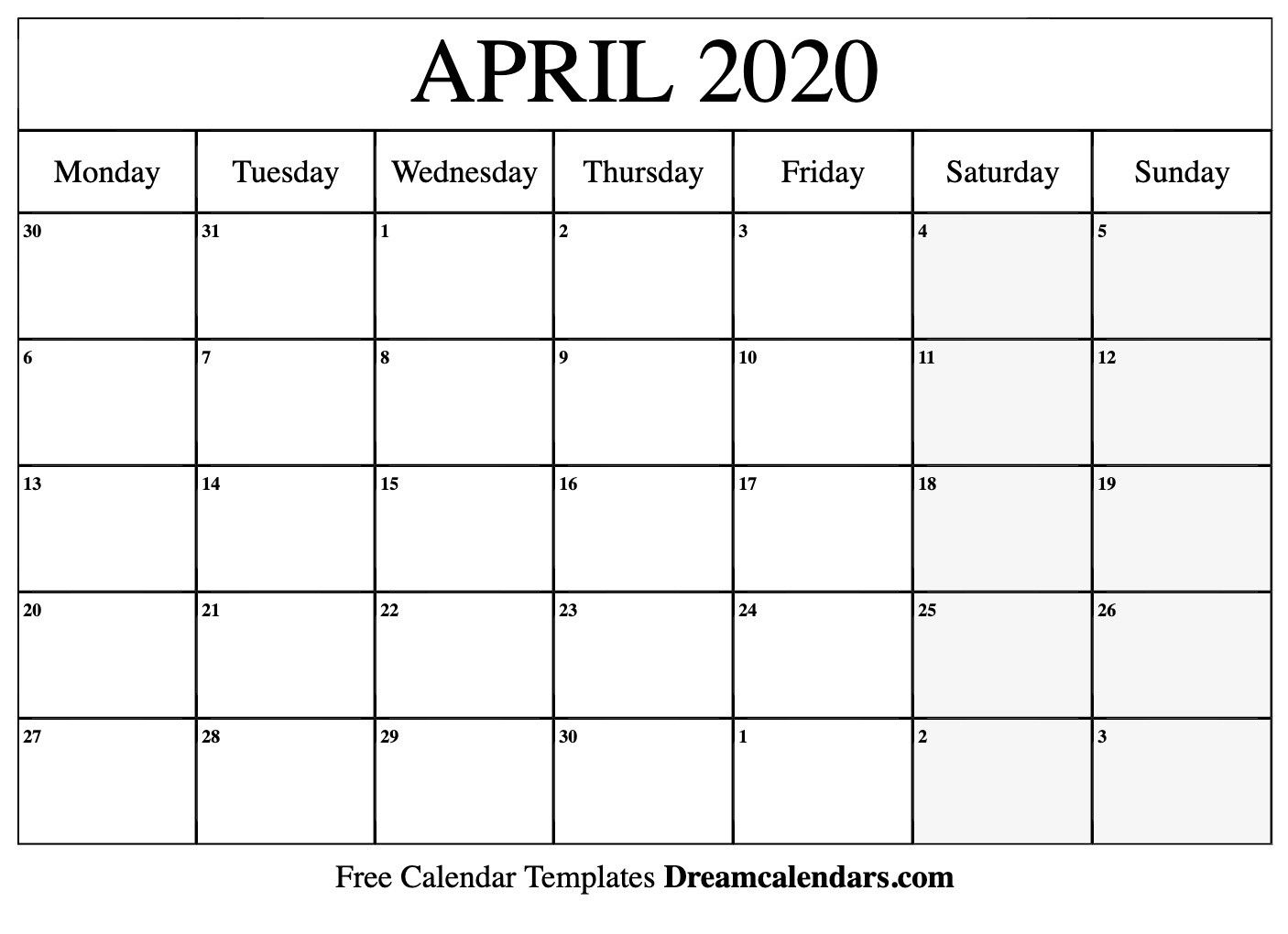 Printable April 2020 Calendar Templates |helena Orstem