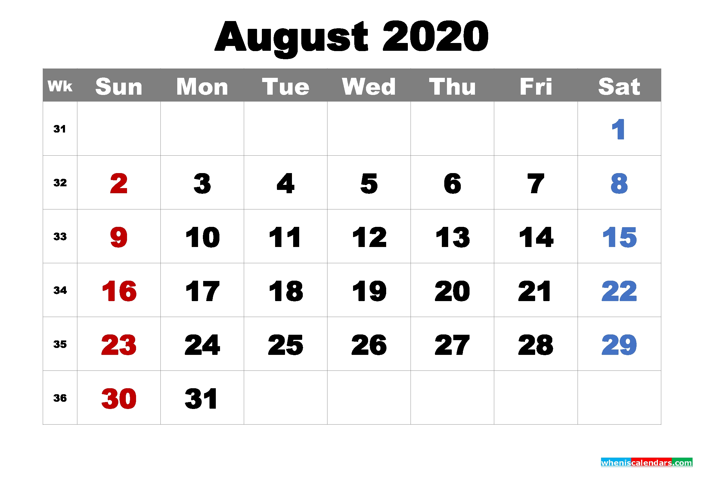 Printable August 2020 Calendarmonth – Free Printable