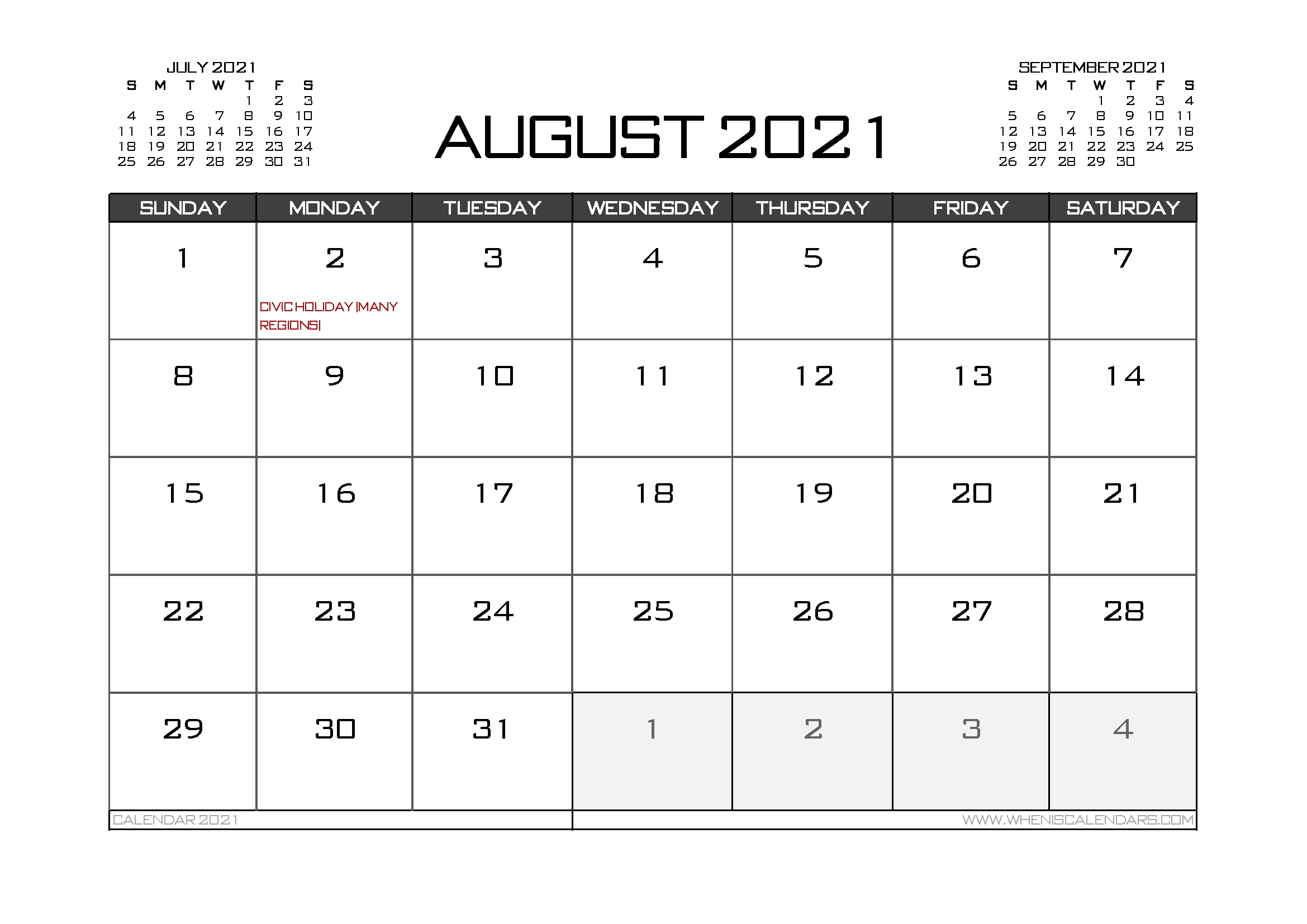 Printable August 2021 Calendar Canada 12 Templates – Free
