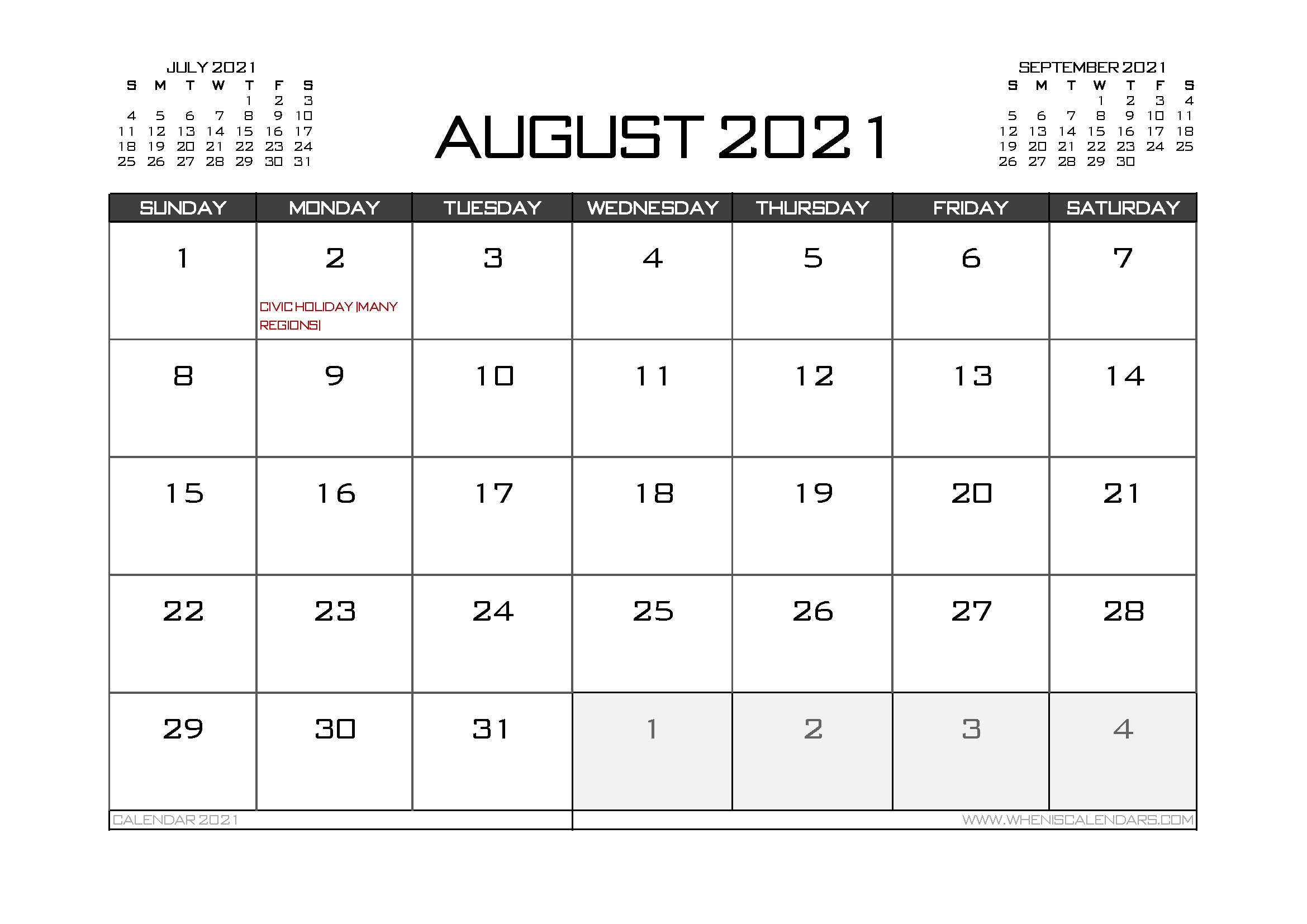 printable august 2021 calendar canada 12 templates – free