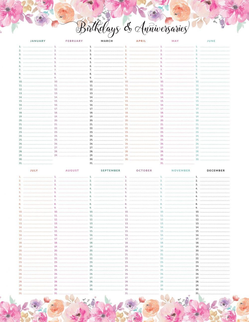 printable birthdays &amp; anniversaries calendar id06