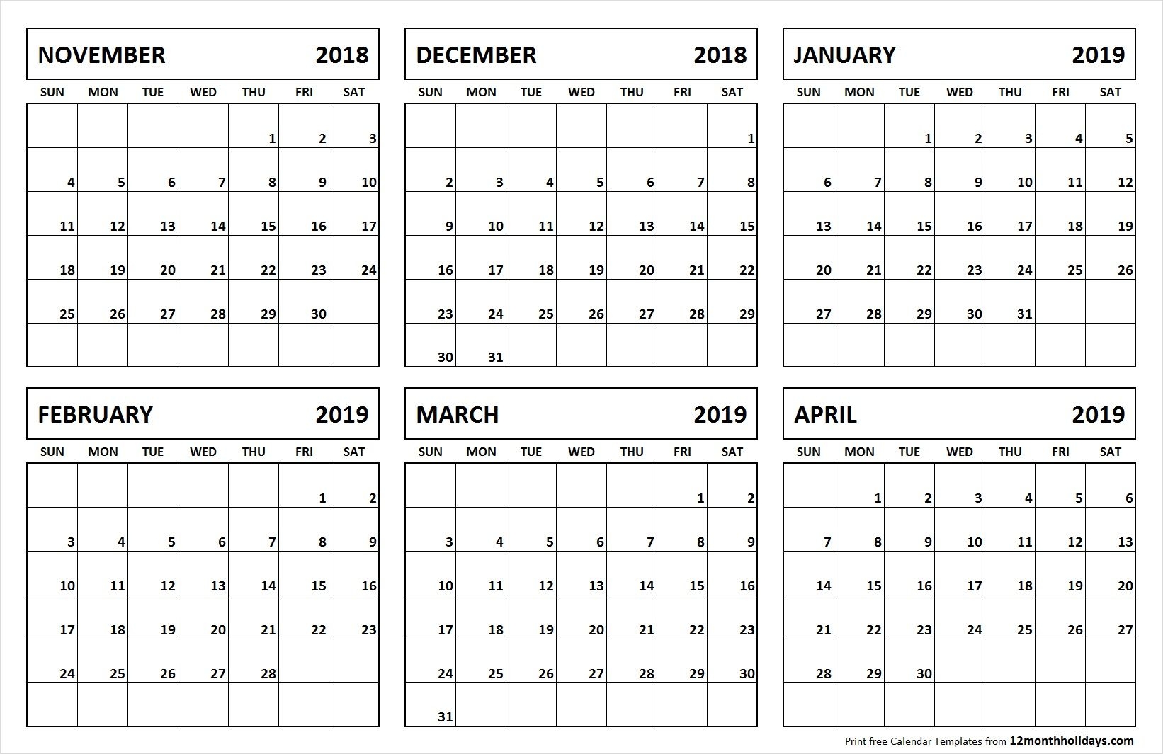 printable blank 6 month calendar november 2018 april 2019