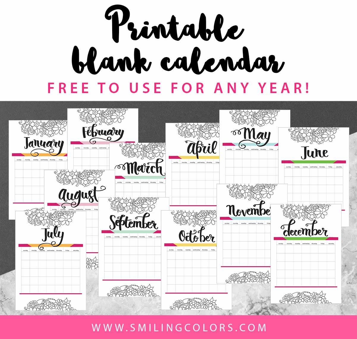 Printable Blank Calendar Free To Use For Any Year