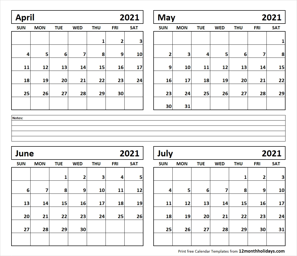 Printable Blank Four Month April May June July 2021 Calendar