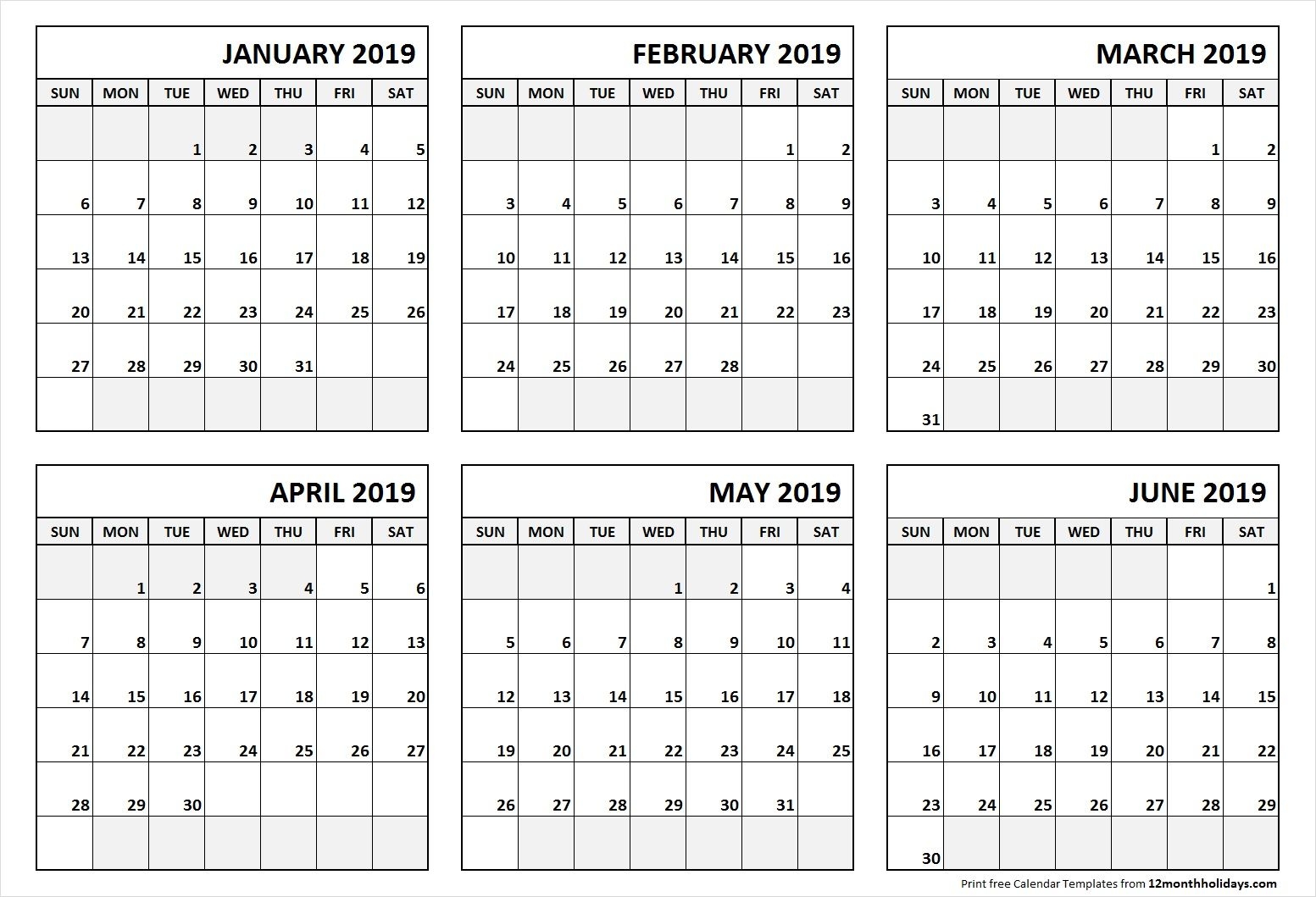 printable blank six month 6 month calendar january june 2019