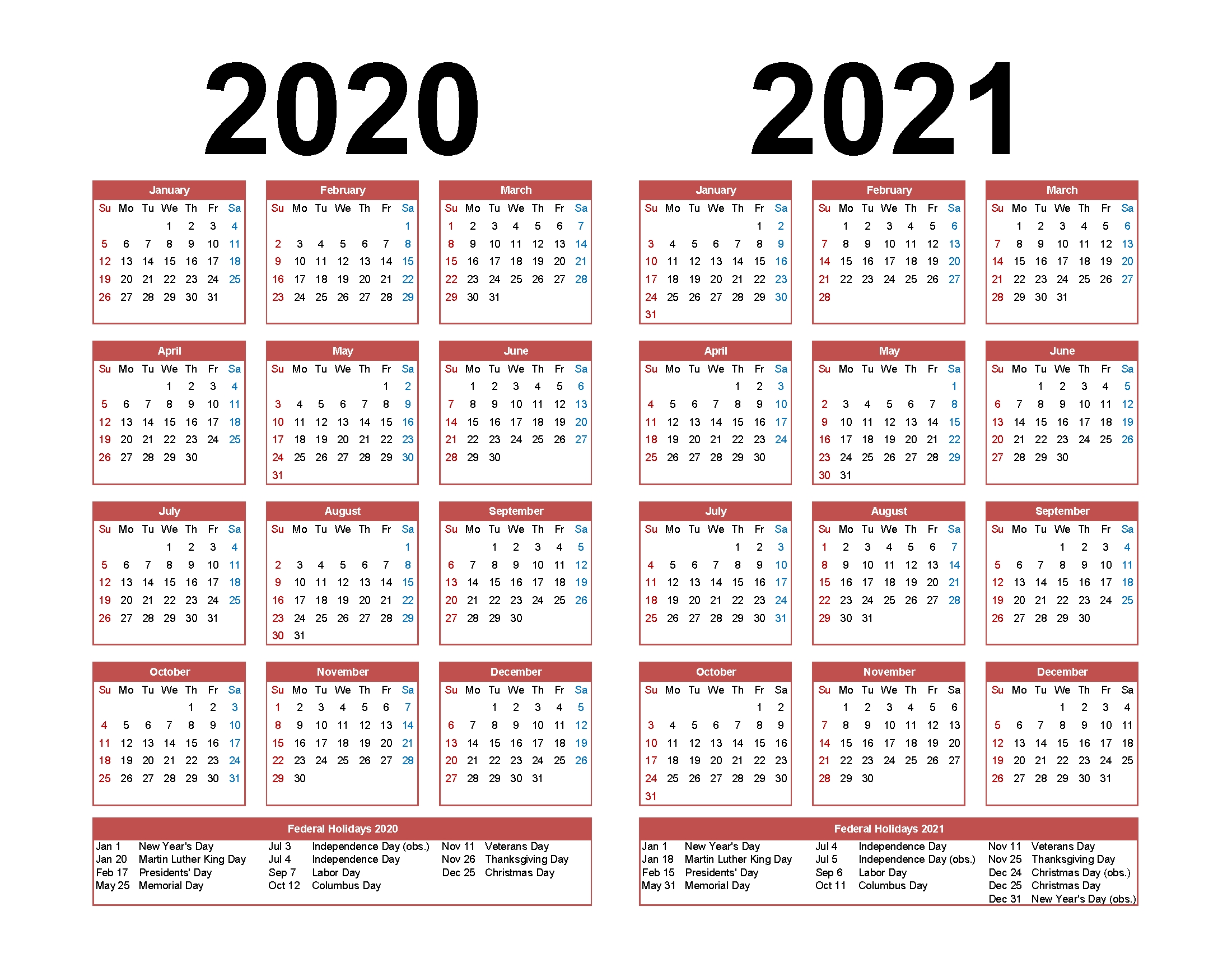 printable calendar 2020 2021 two year per page free pdf