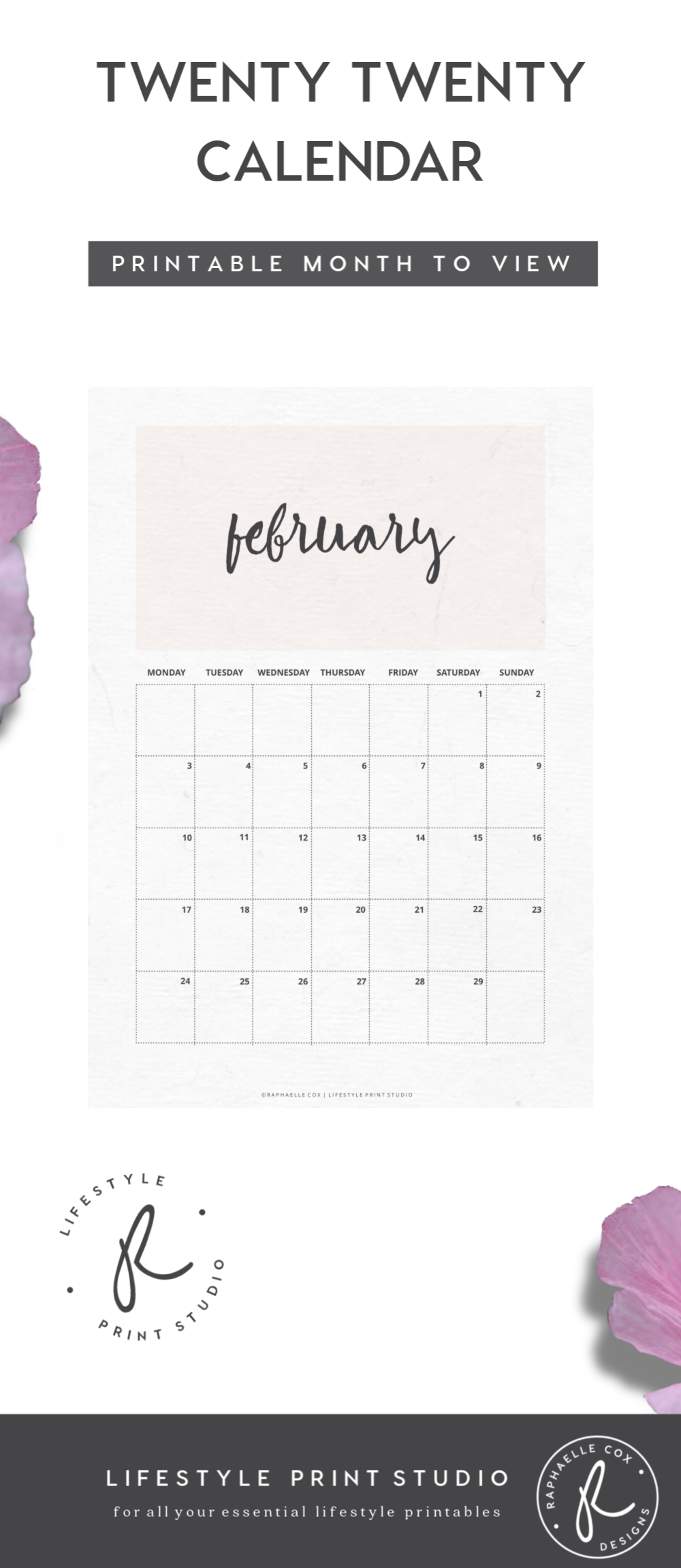 Printable Calendar 2020, Monthly View, A4, A5, Instant