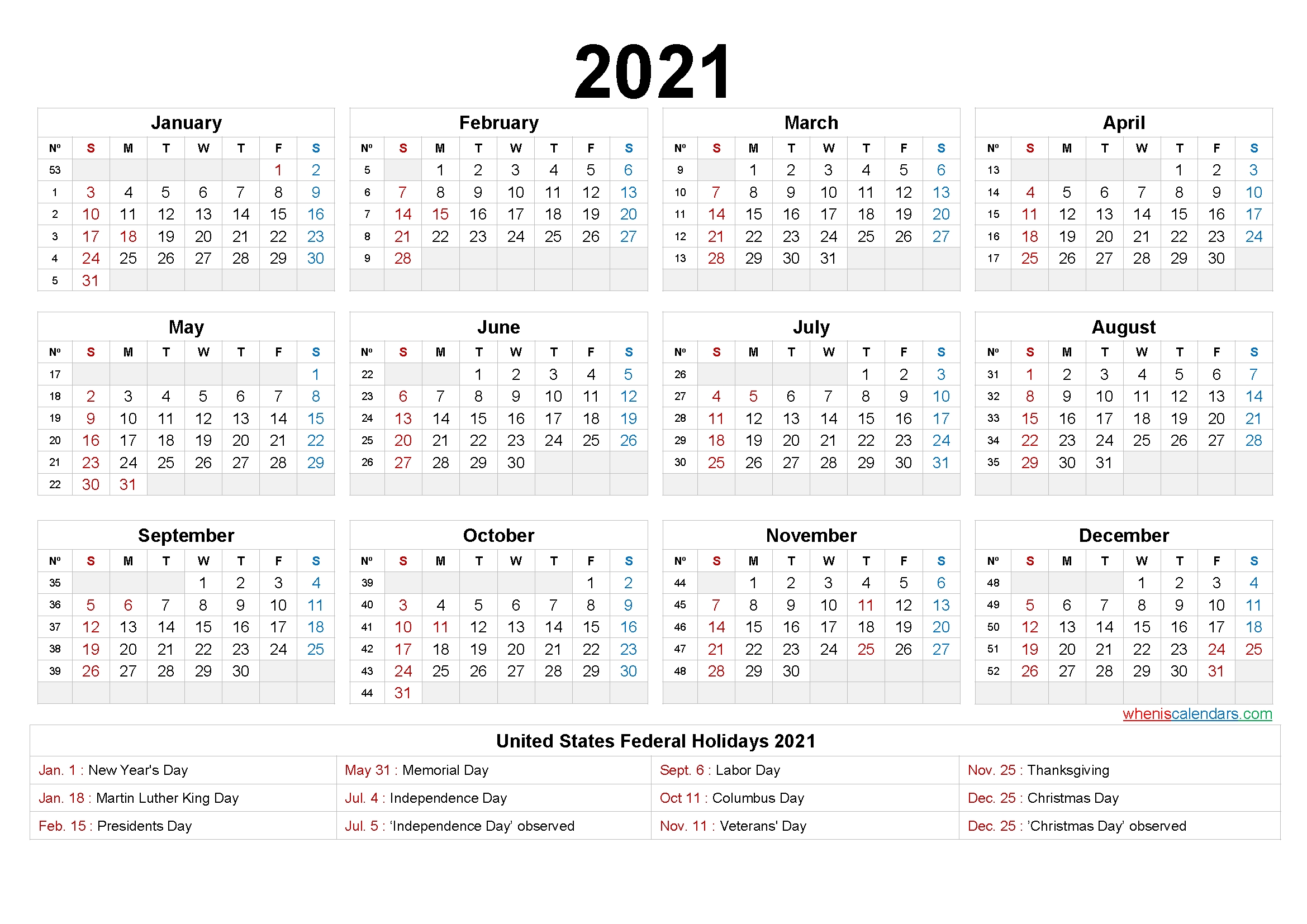 Printable Calendar 2021 With Holidays – 6 Templates – Free