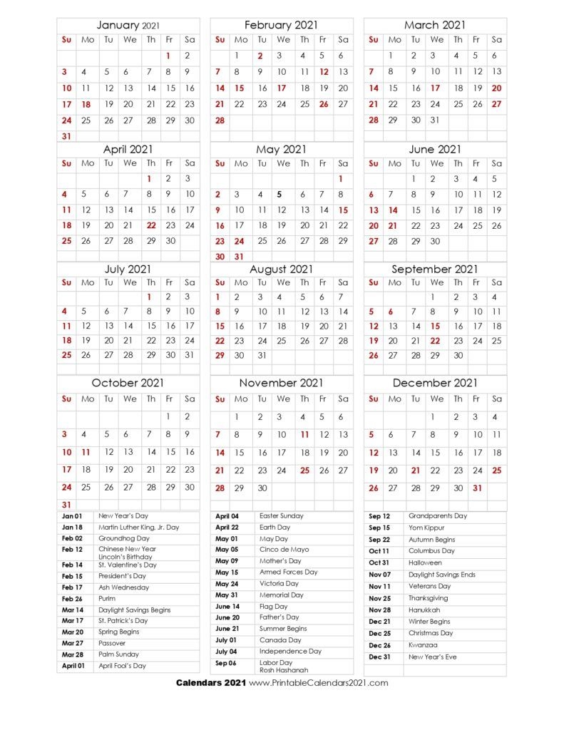 Printable Calendar 2021 With Holidays Yearly, Monthly, Doc