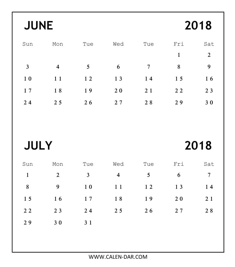 Printable Calendar June July 2018 Without Lines | June