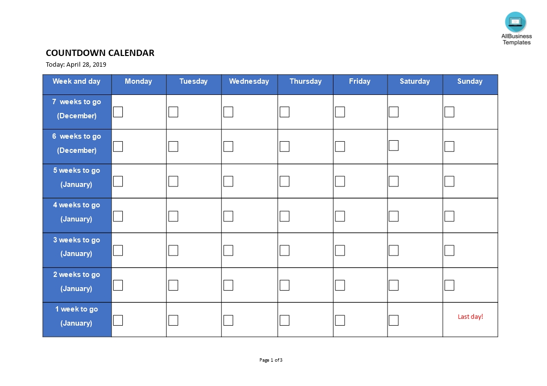 Printable Countdown Calendar | Templates At