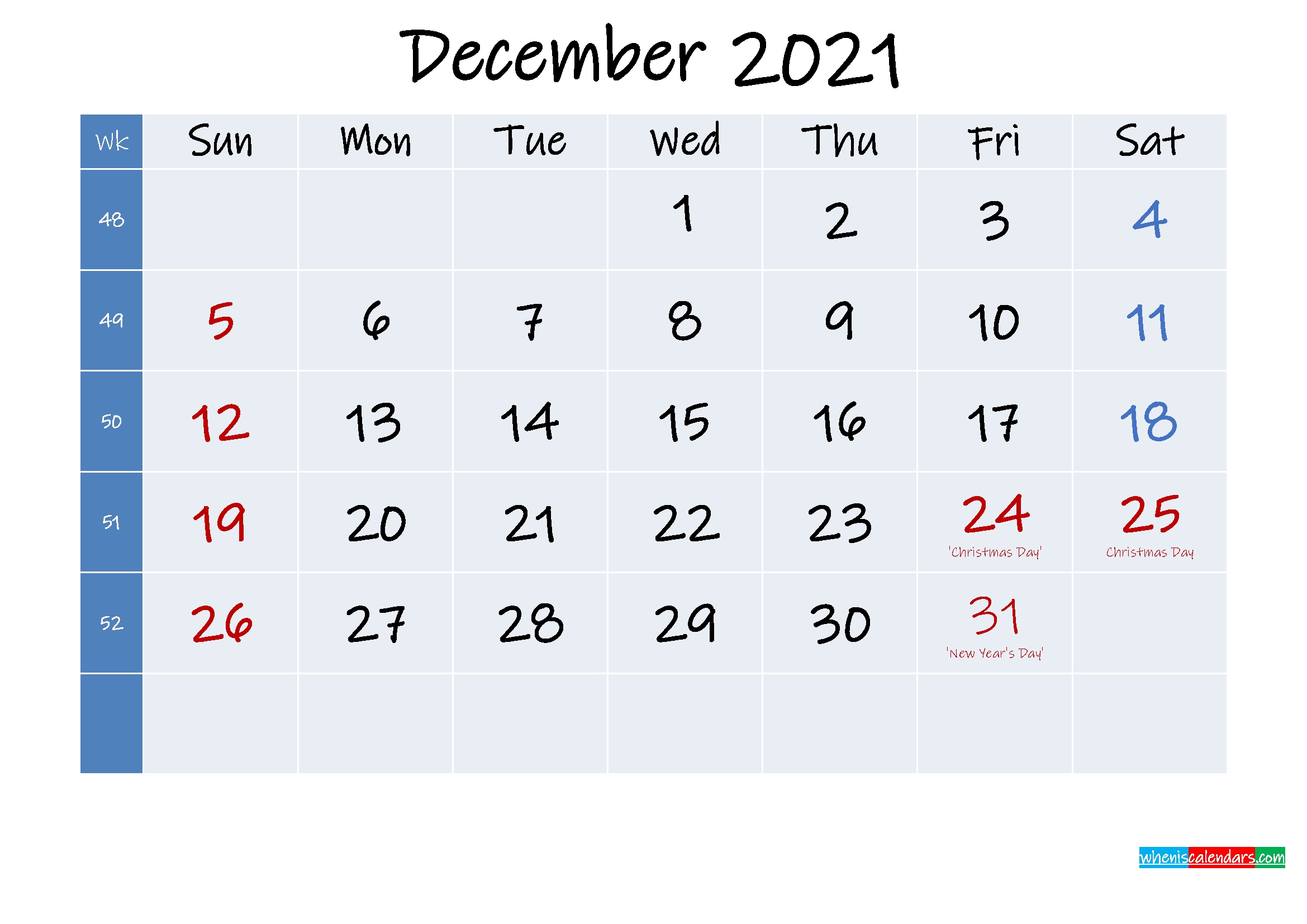 Printable December 2021 Calendar With Holidays Template No