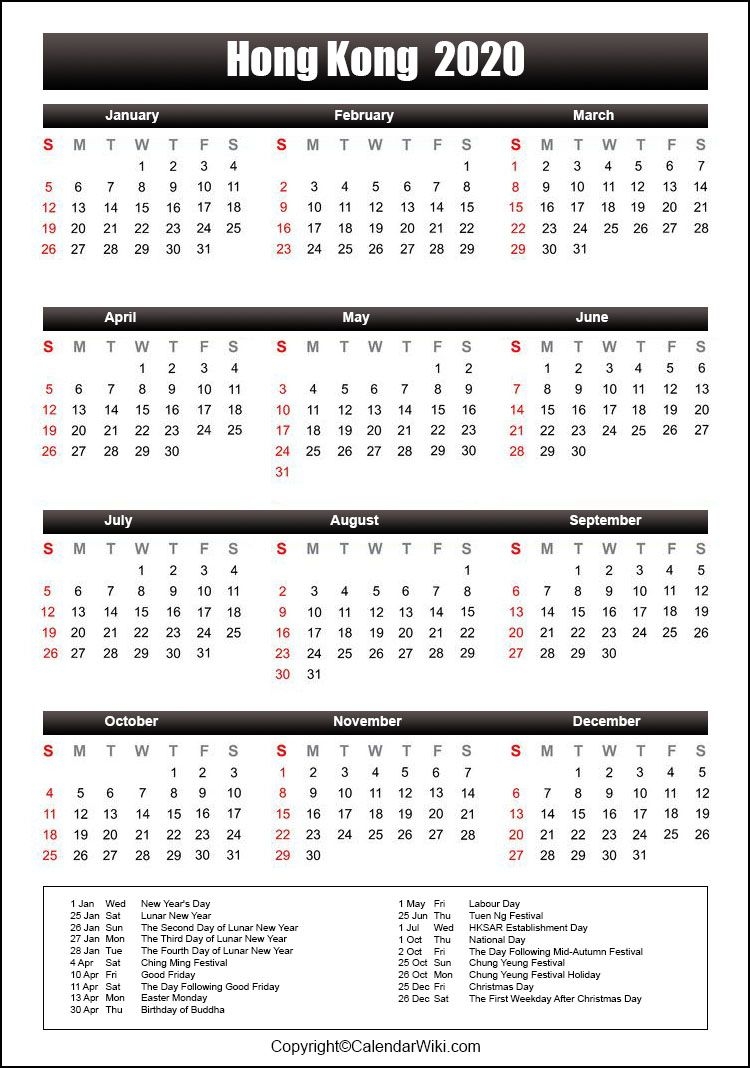 Printable Hongkong Calendar 2020 With Holidays [public Holidays]