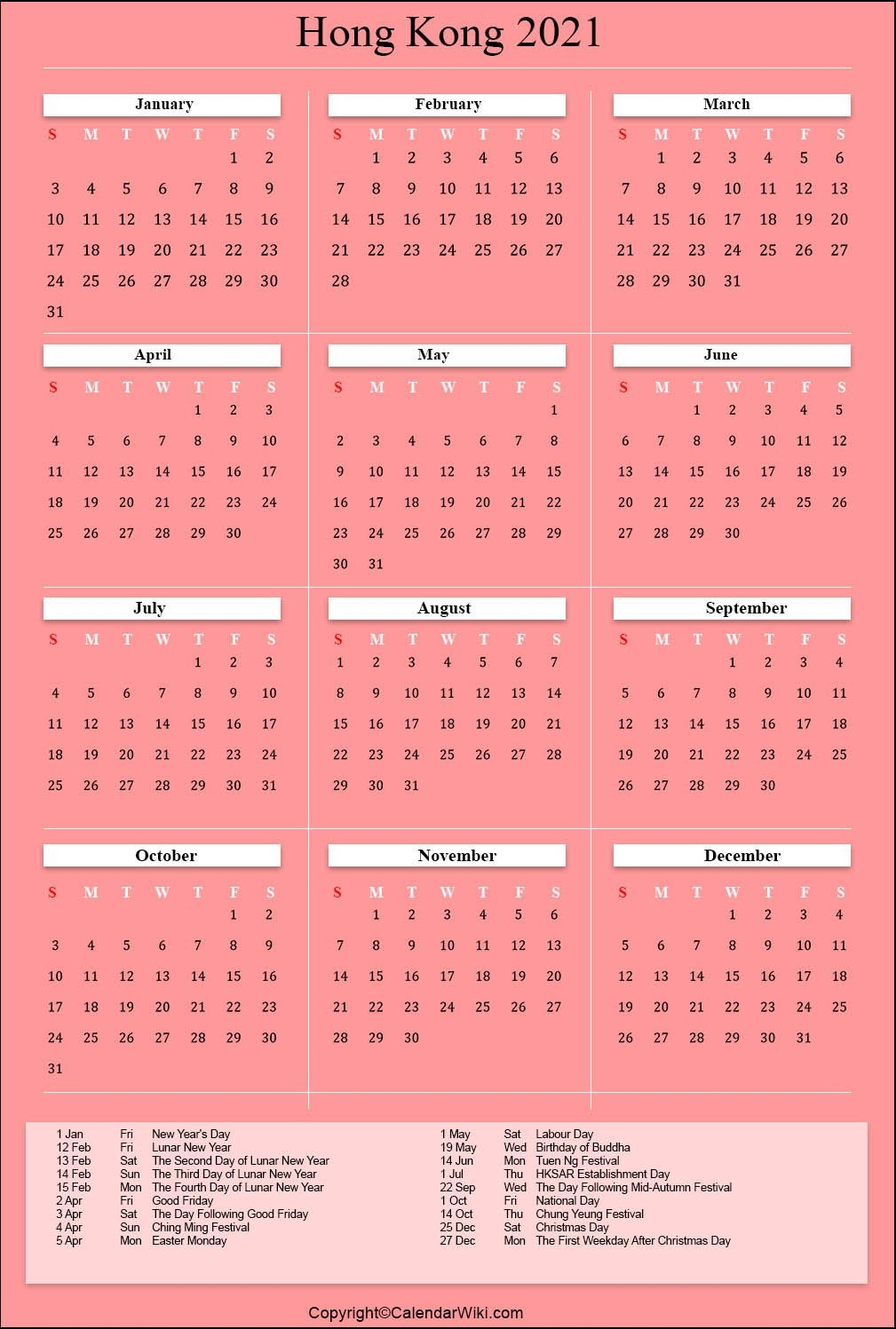 Printable Hongkong Calendar 2021 With Holidays [public Holidays]