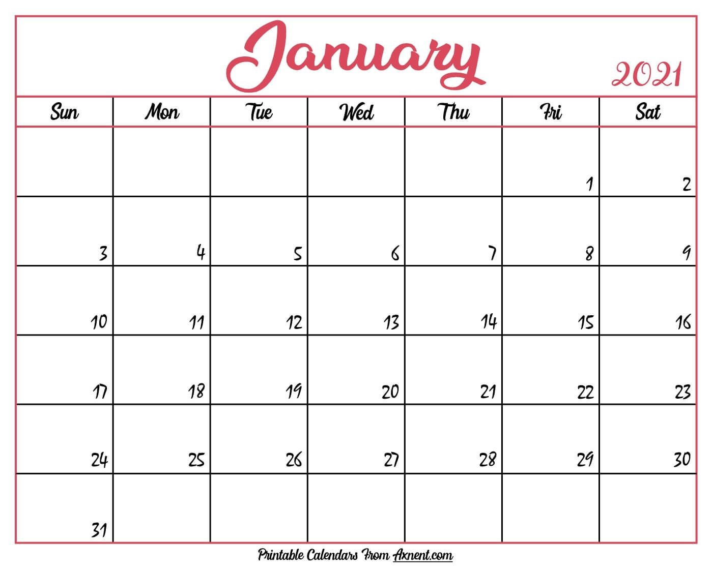 Printable January 2021 Calendar Template Time Management