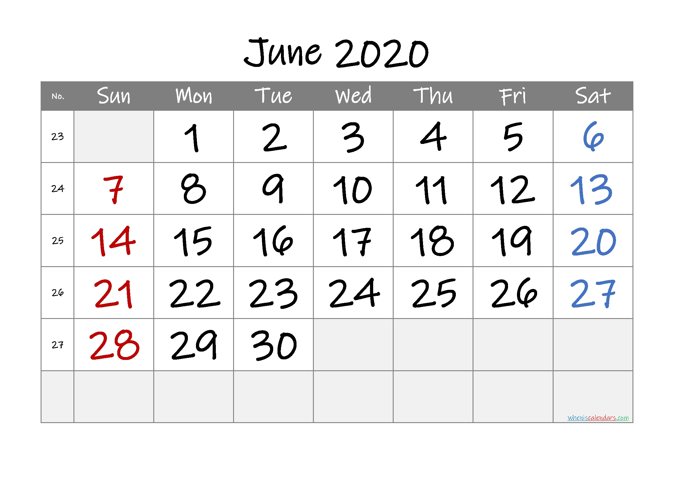 printable june 2020 calendar with week numbers – free