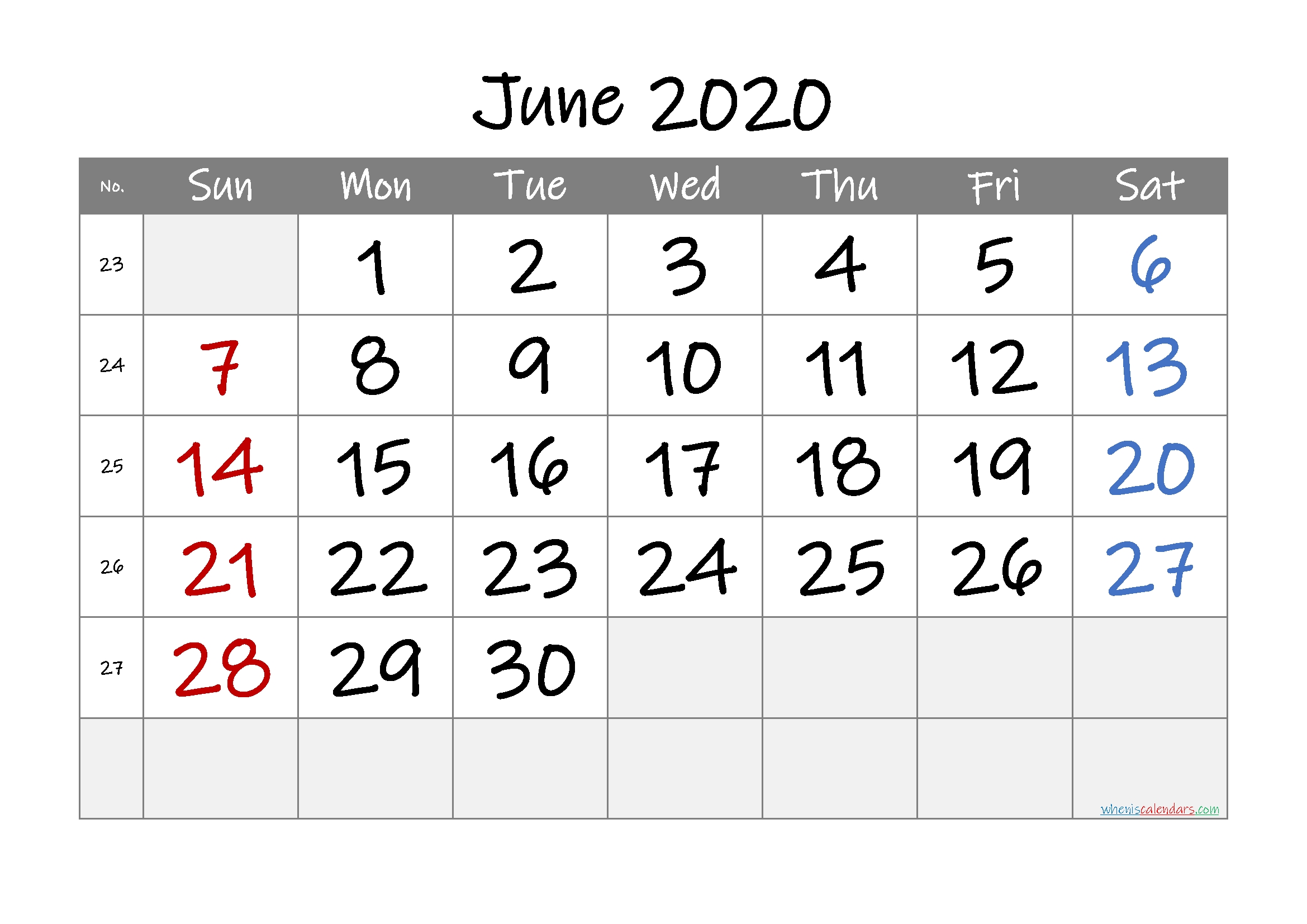 Printable June 2020 Calendar With Week Numbers – Free