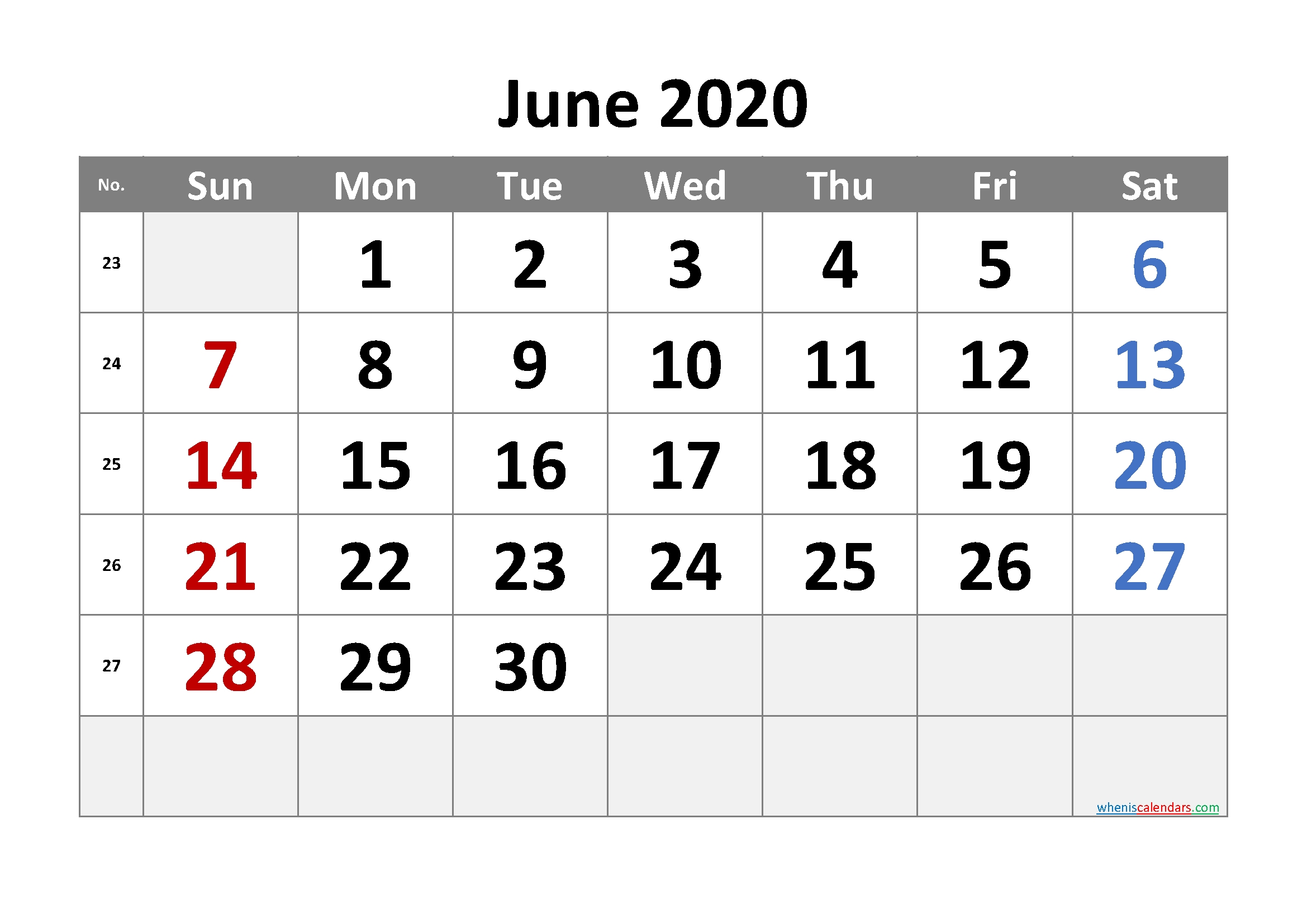 Printable June 2020 Calendar With Week Numbers – Free