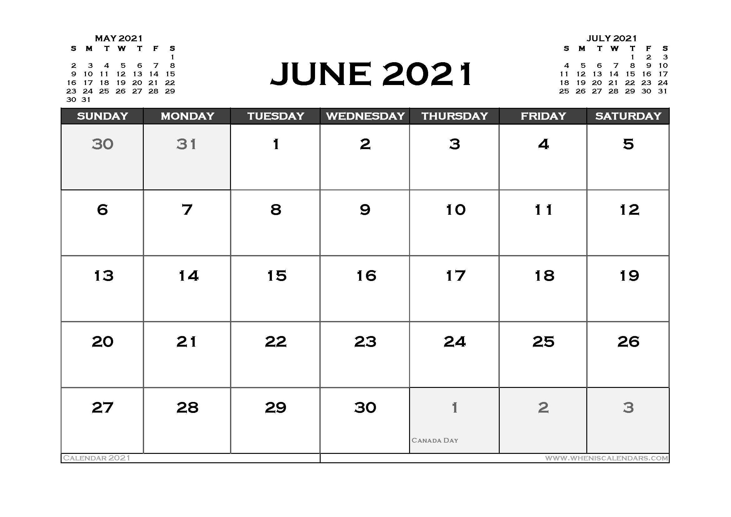printable june 2021 calendar canada 12 templates – free