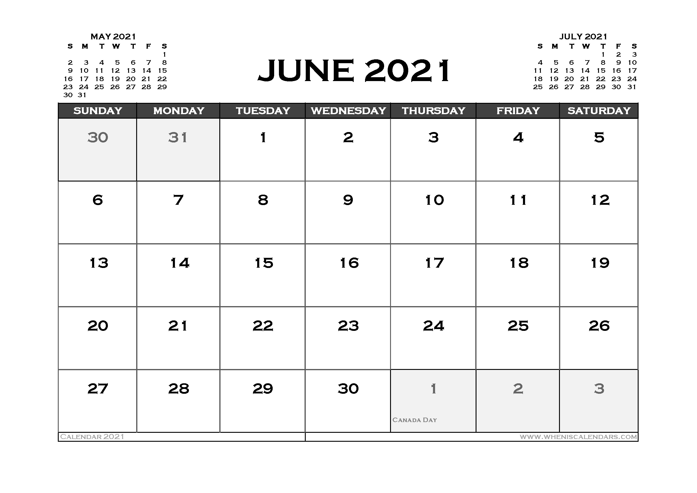 Printable June 2021 Calendar Canada 12 Templates – Free