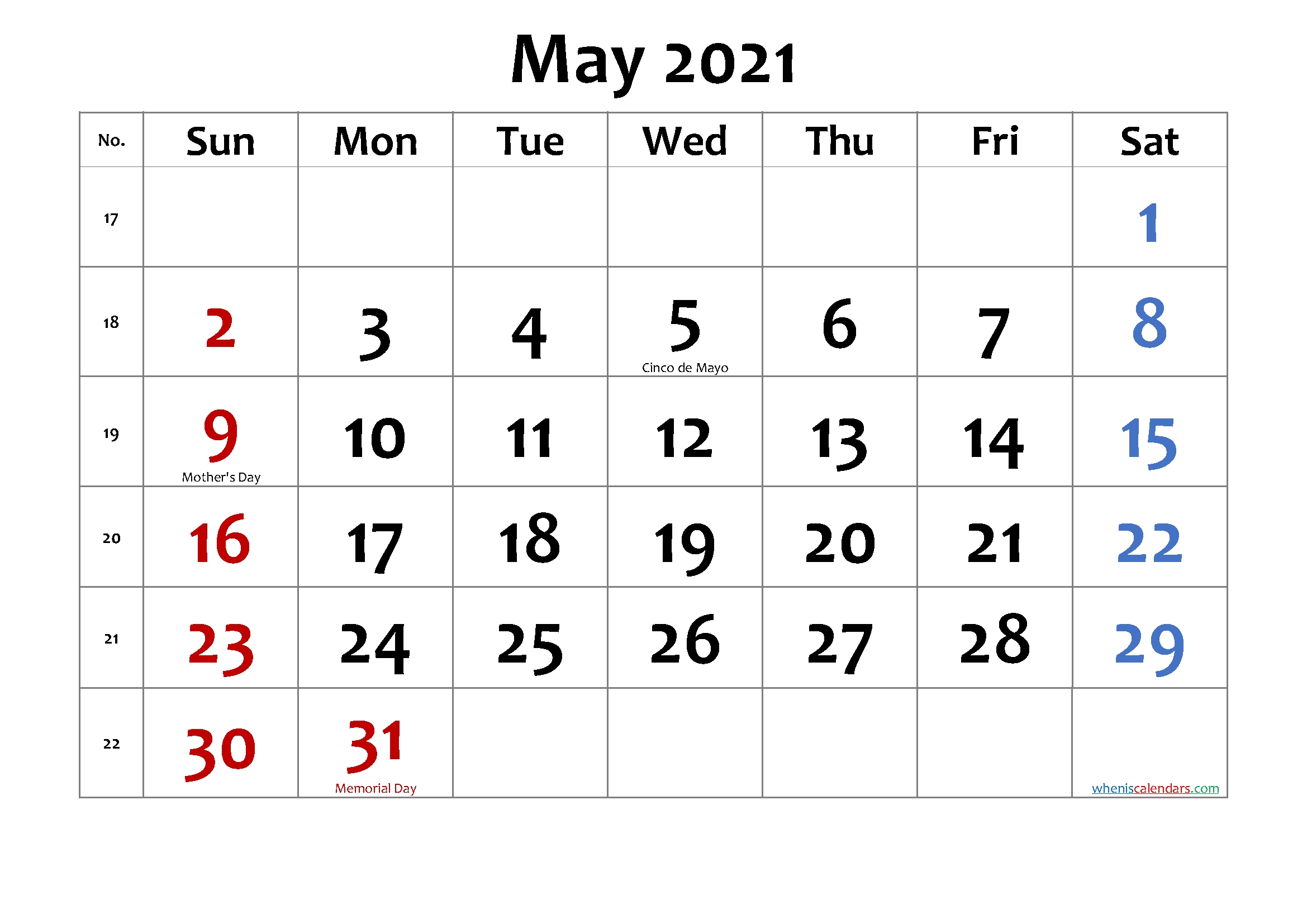Printable May 2021 Calendar With Holidays Template No