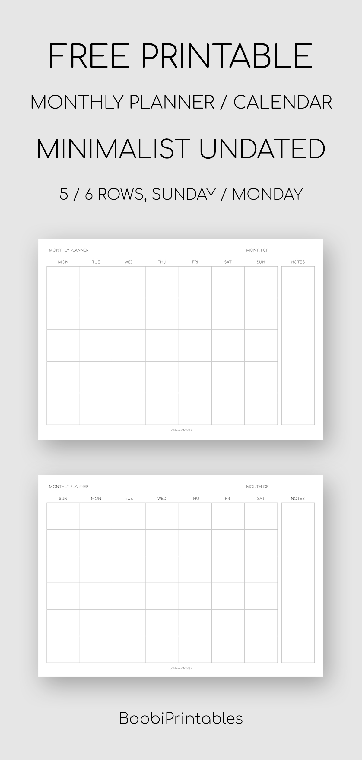 Printable Minimalist Monthly Planner / Undated Calendar