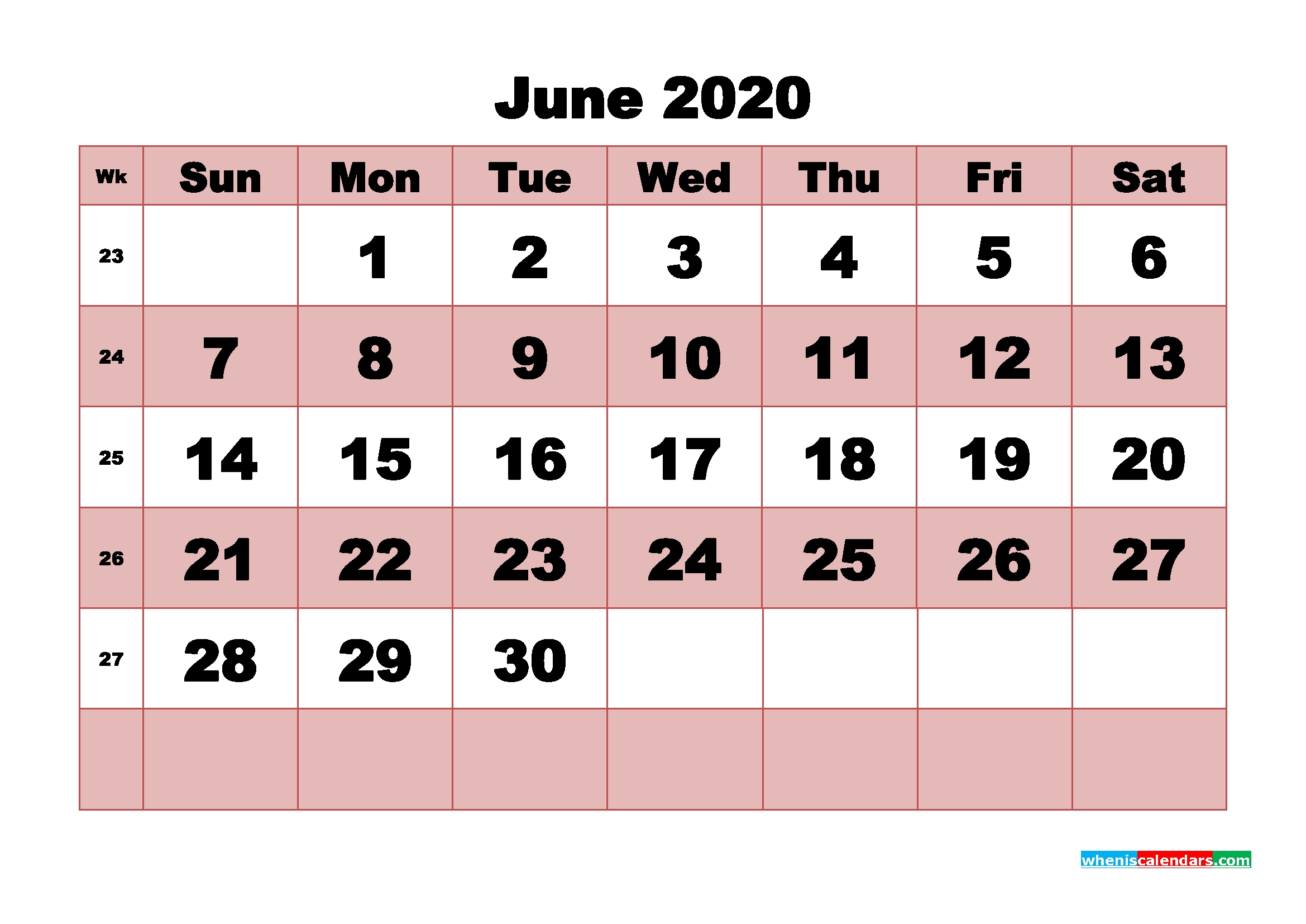 Printable Monthly Calendar 2020 June With Week Numbers