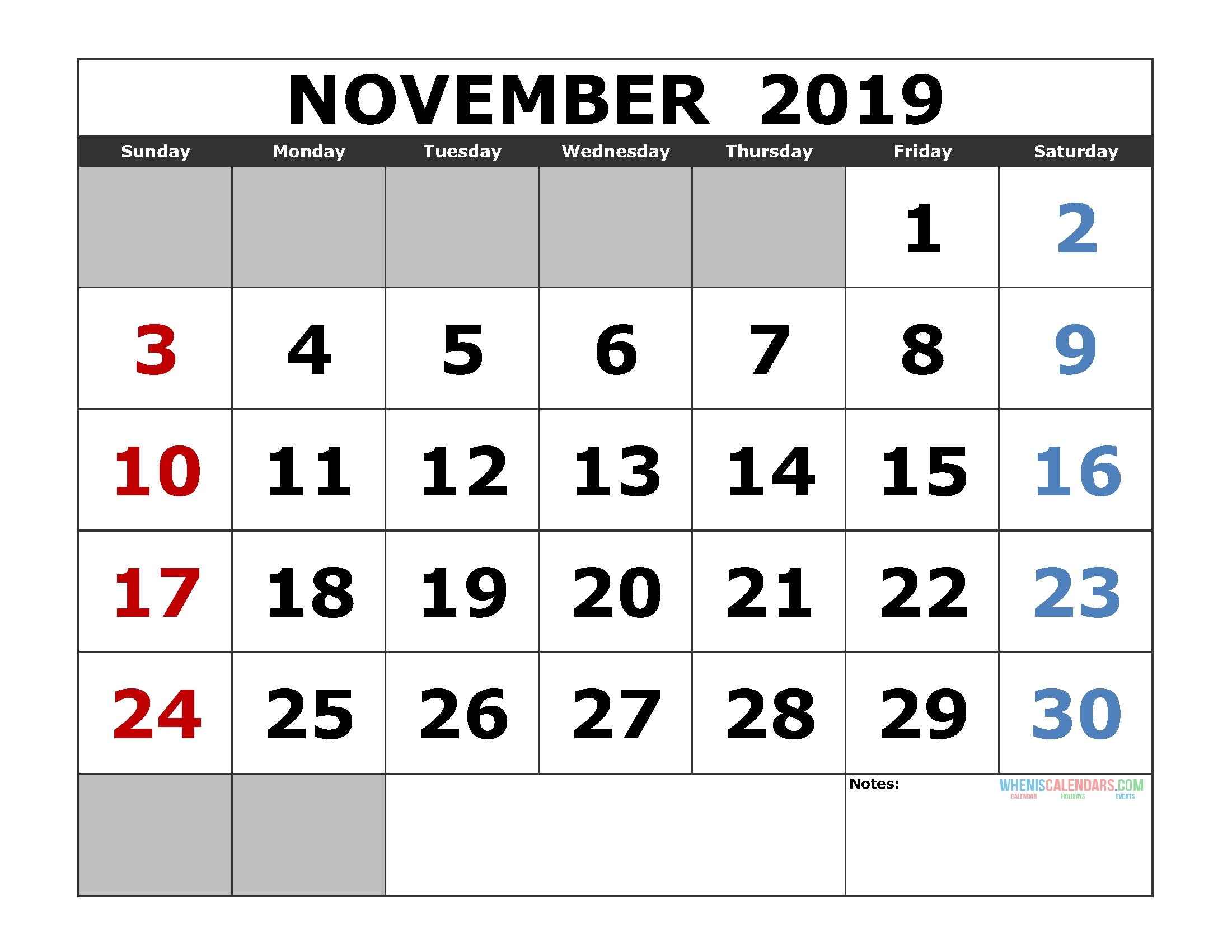 Printable November 2019 Calendar Template, Landscape Format