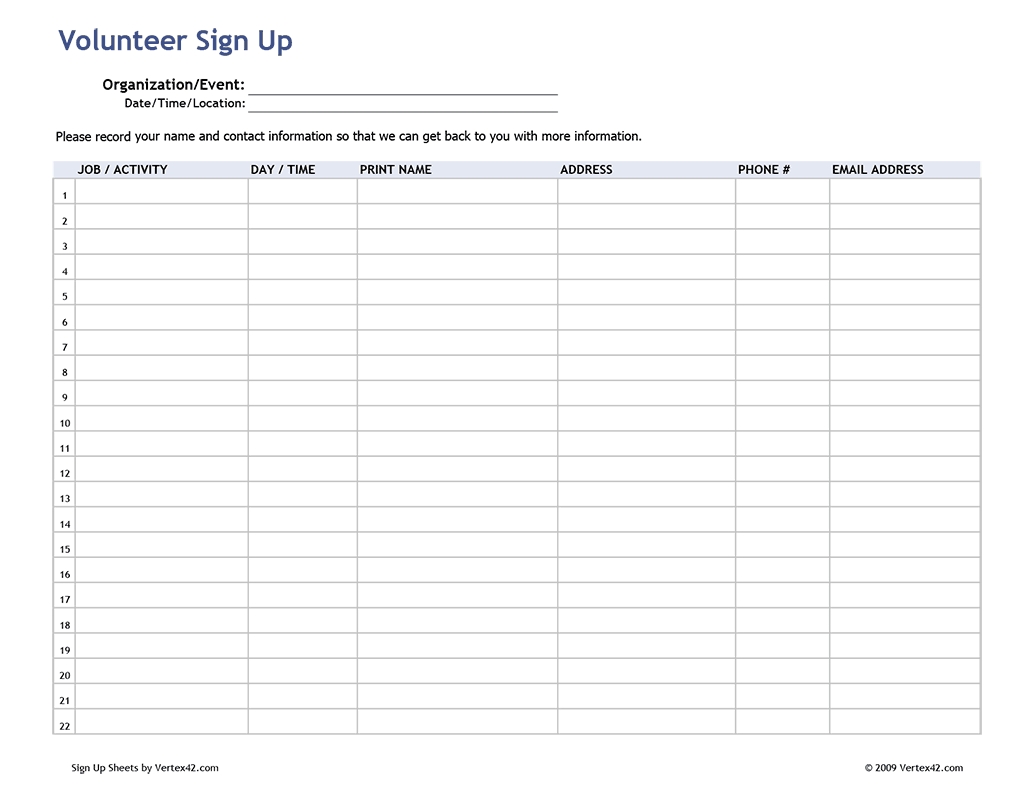 Printable Sign Up Sheets | Sign Up Sheets, Sign In Sheet