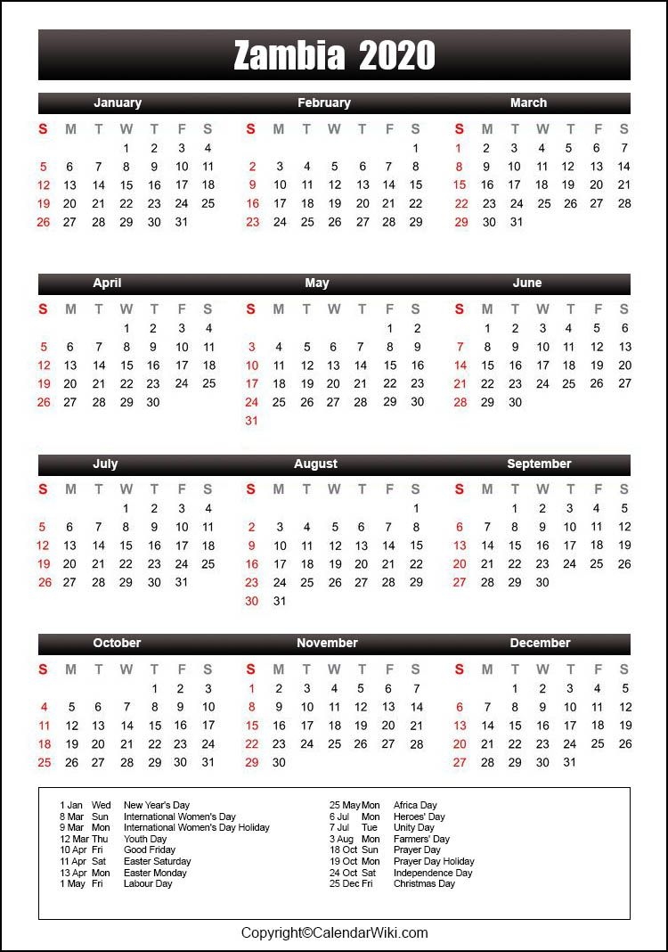 Printable Zambia Calendar 2020 With Holidays [public Holidays]