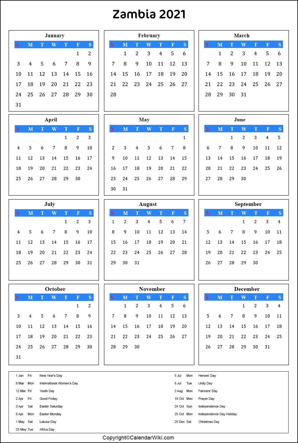 Printable Zambia Calendar 2021 With Holidays [public Holidays]