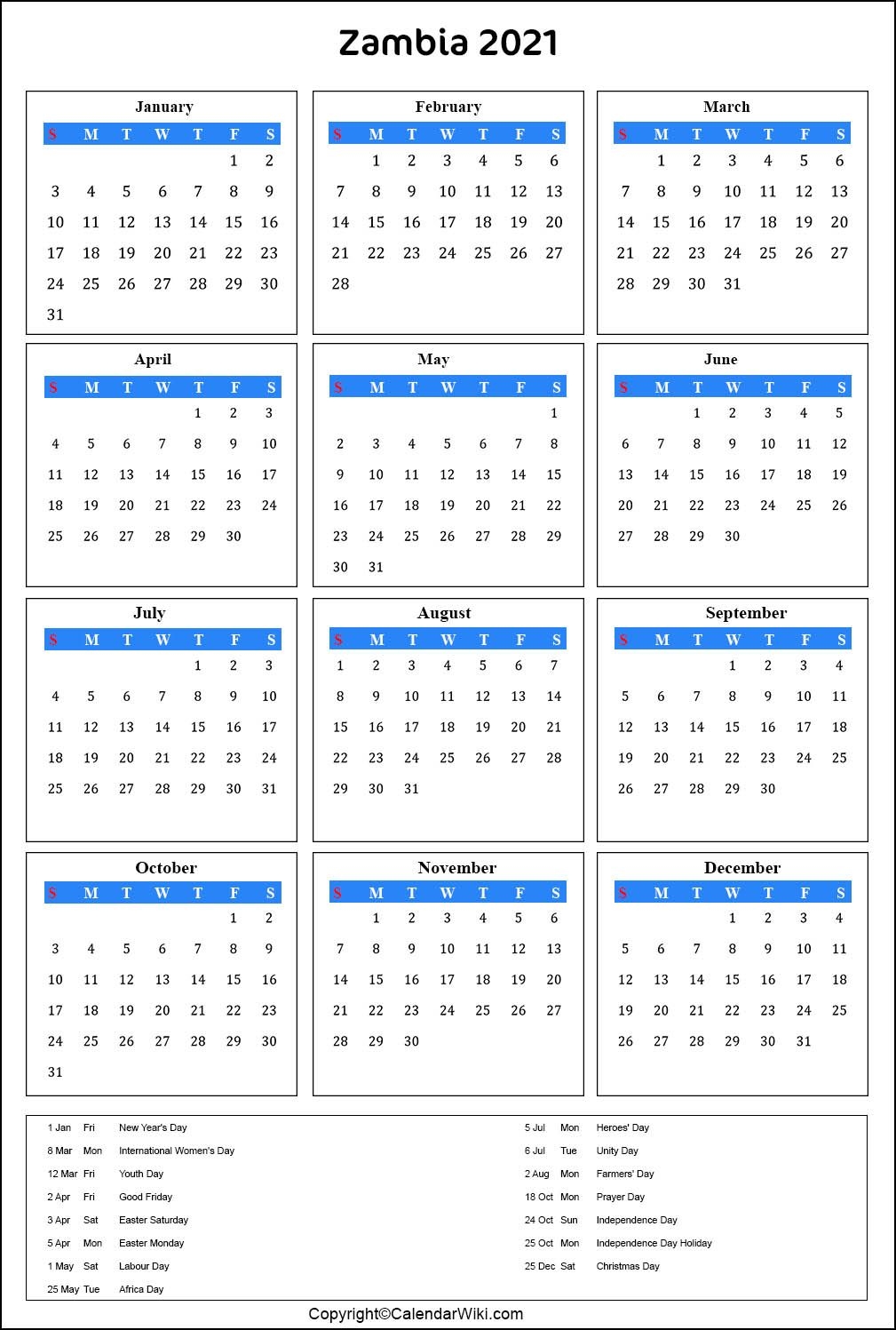 printable zambia calendar 2021 with holidays [public holidays]