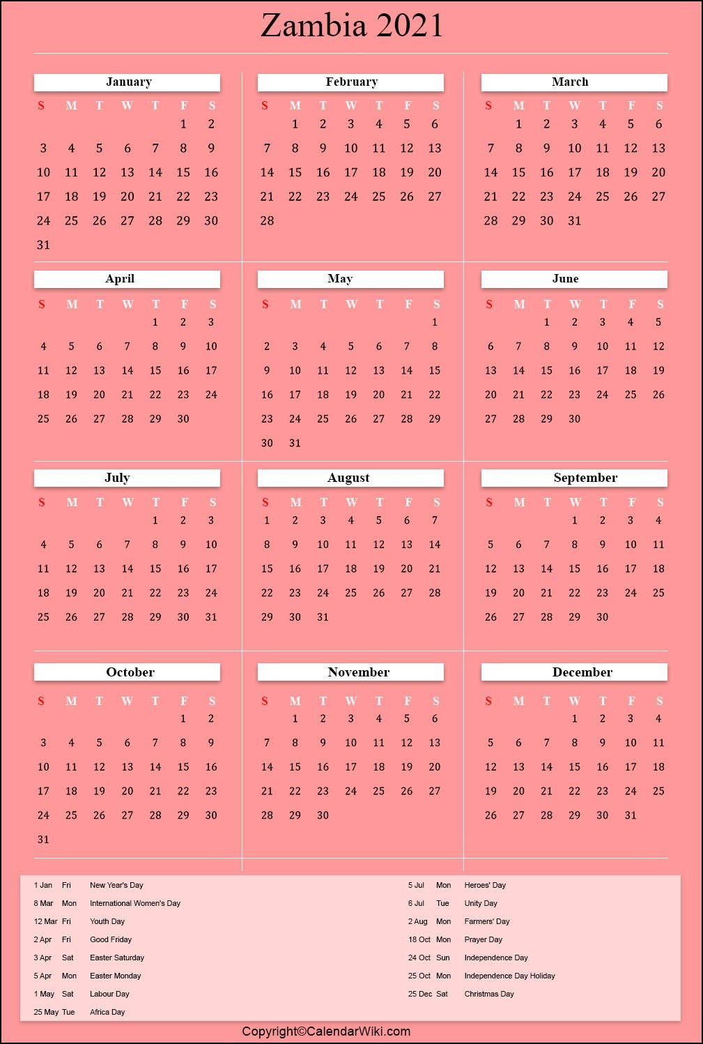 printable zambia calendar 2021 with holidays [public holidays]
