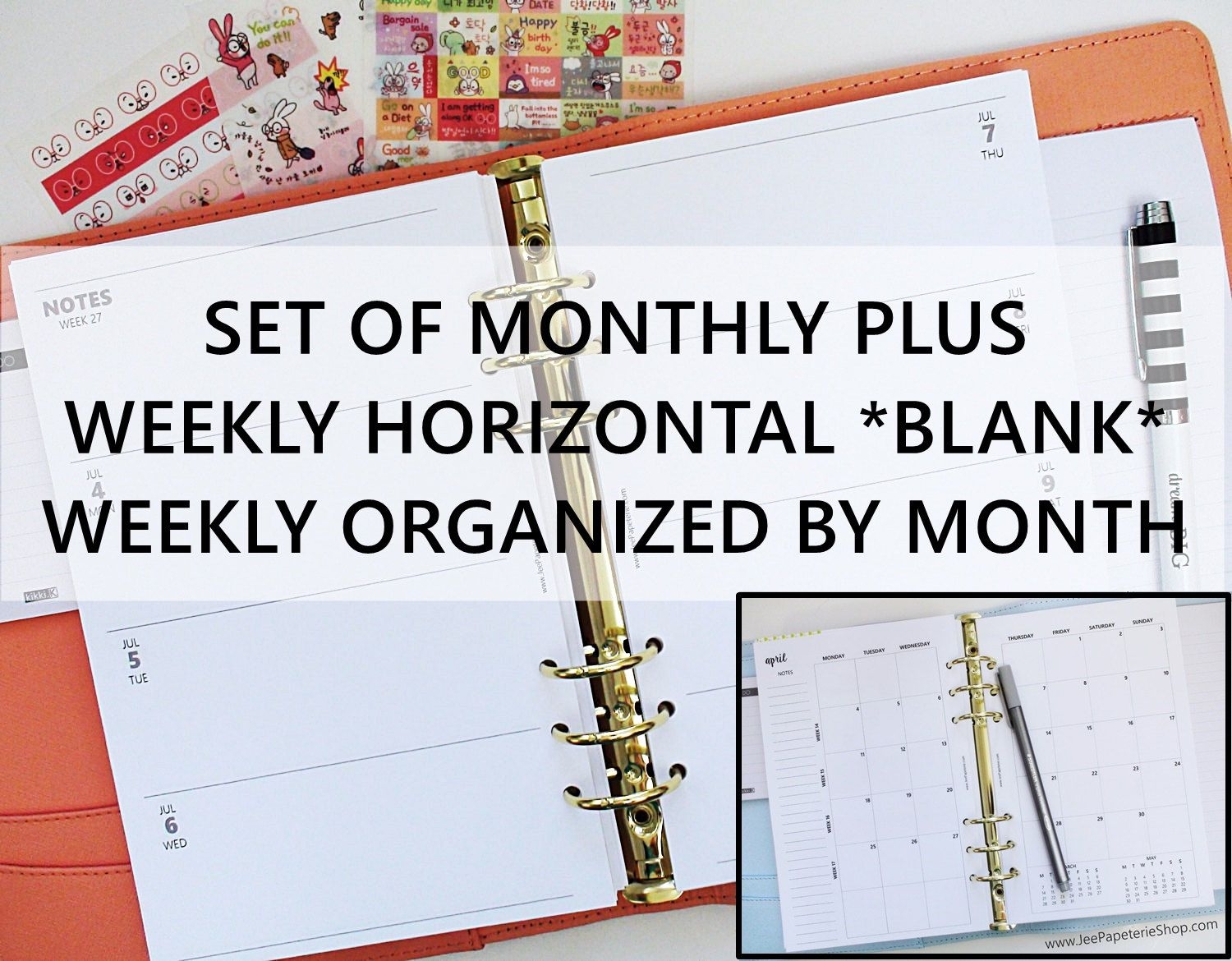 Printed Half Letter Size: Set Of Monthly Weekly *blank Space* Horizontal Planner Inserts (5 5"x8 5" Fits Into A5 Planners)