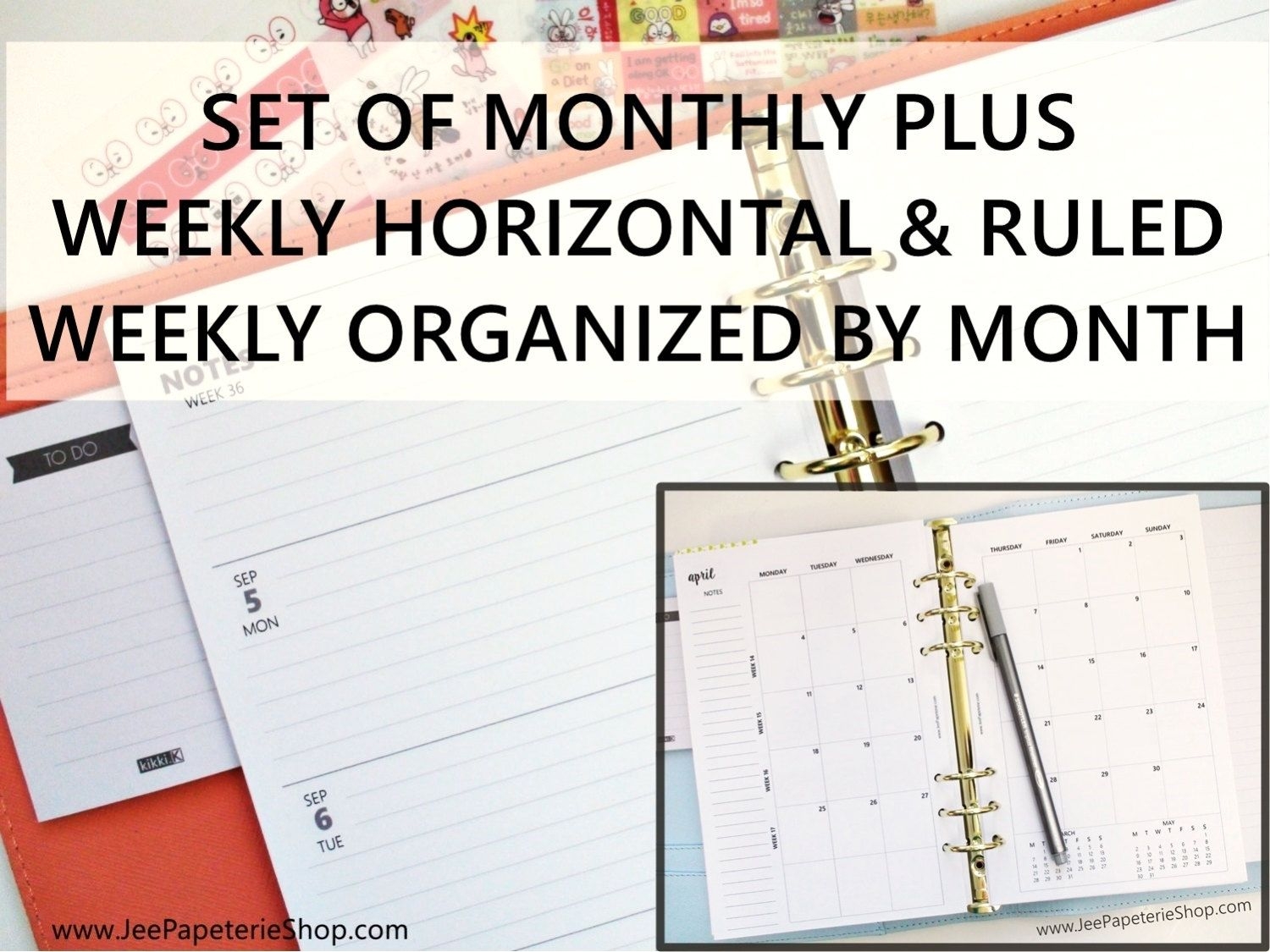 Printed Half Letter Size: Set Of Monthly Weekly *ruled* Horizontal Planner Inserts (5 5"x8 5" Fits Into A5 Planners)