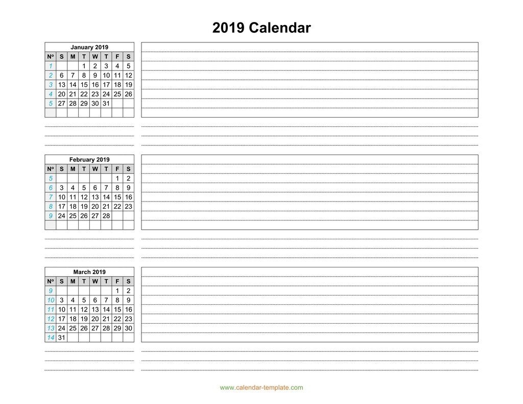 quarterly calendar 2019 template, three months per page