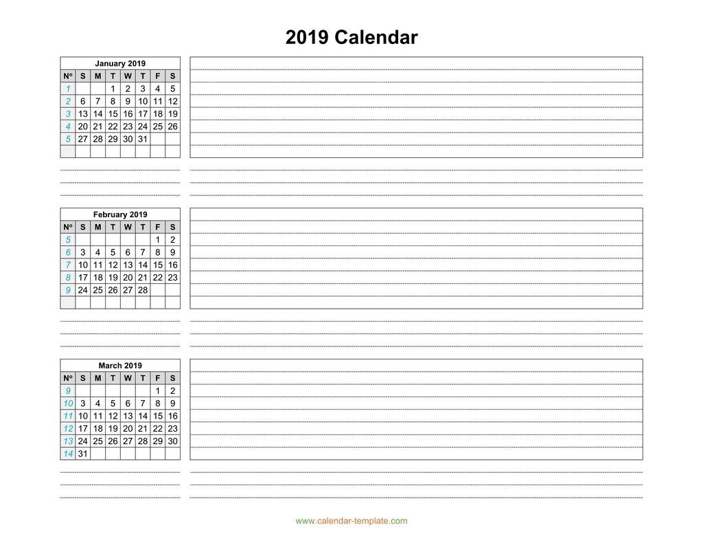 Quarterly Calendar 2019 Template, Three Months Per Page