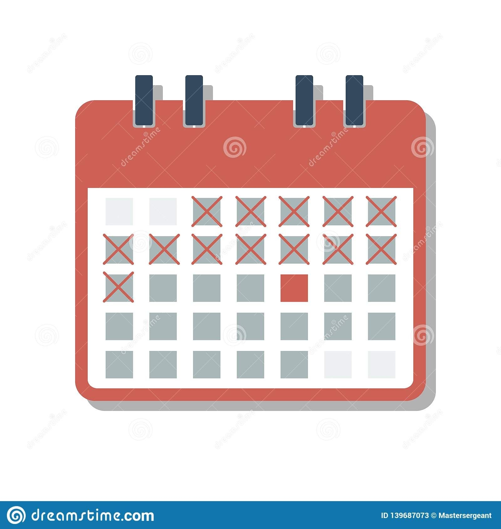 Red Calendar Grid With Cross Marked Days, Countdown Days